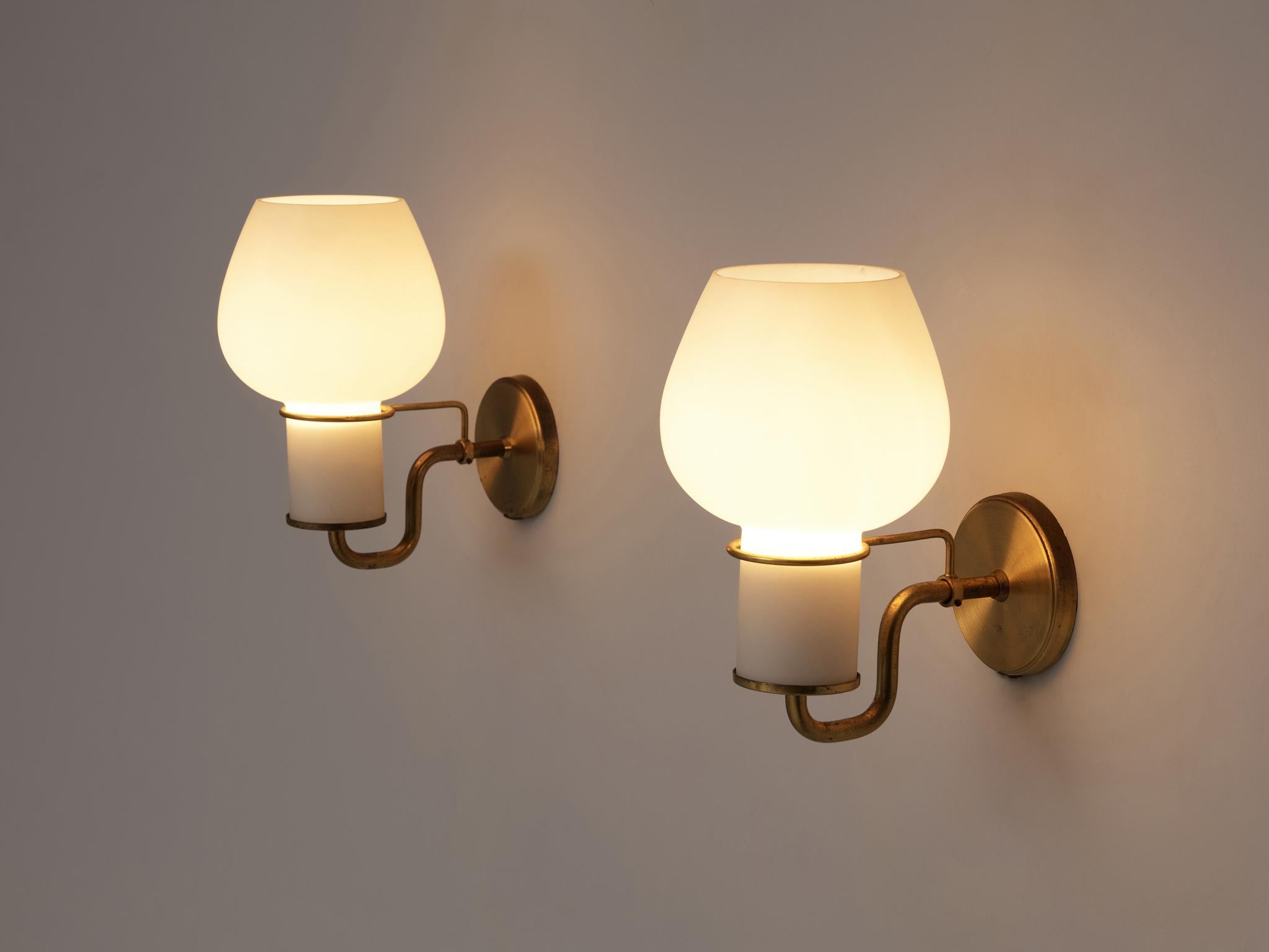 Mid-20th Century Pair of Danish Wall Lights in Glass and Brass