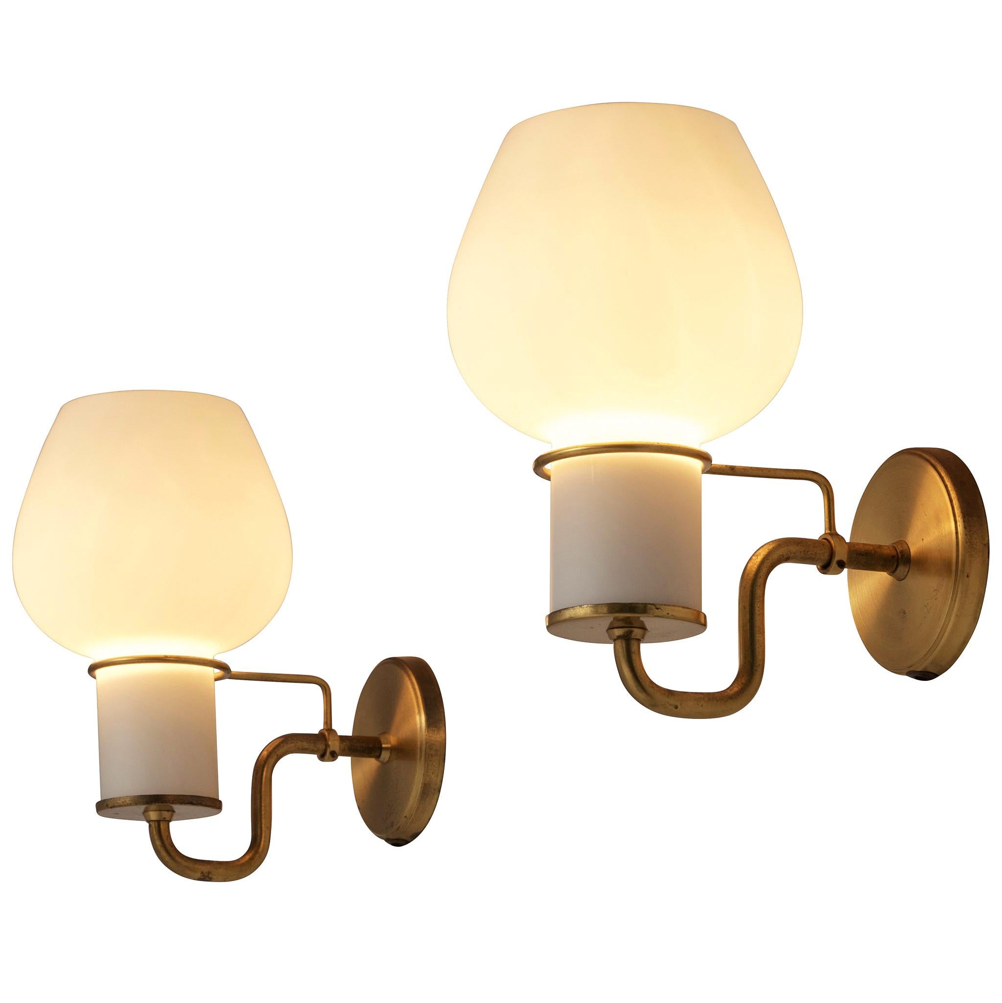 Pair of Danish Wall Lights in Glass and Brass