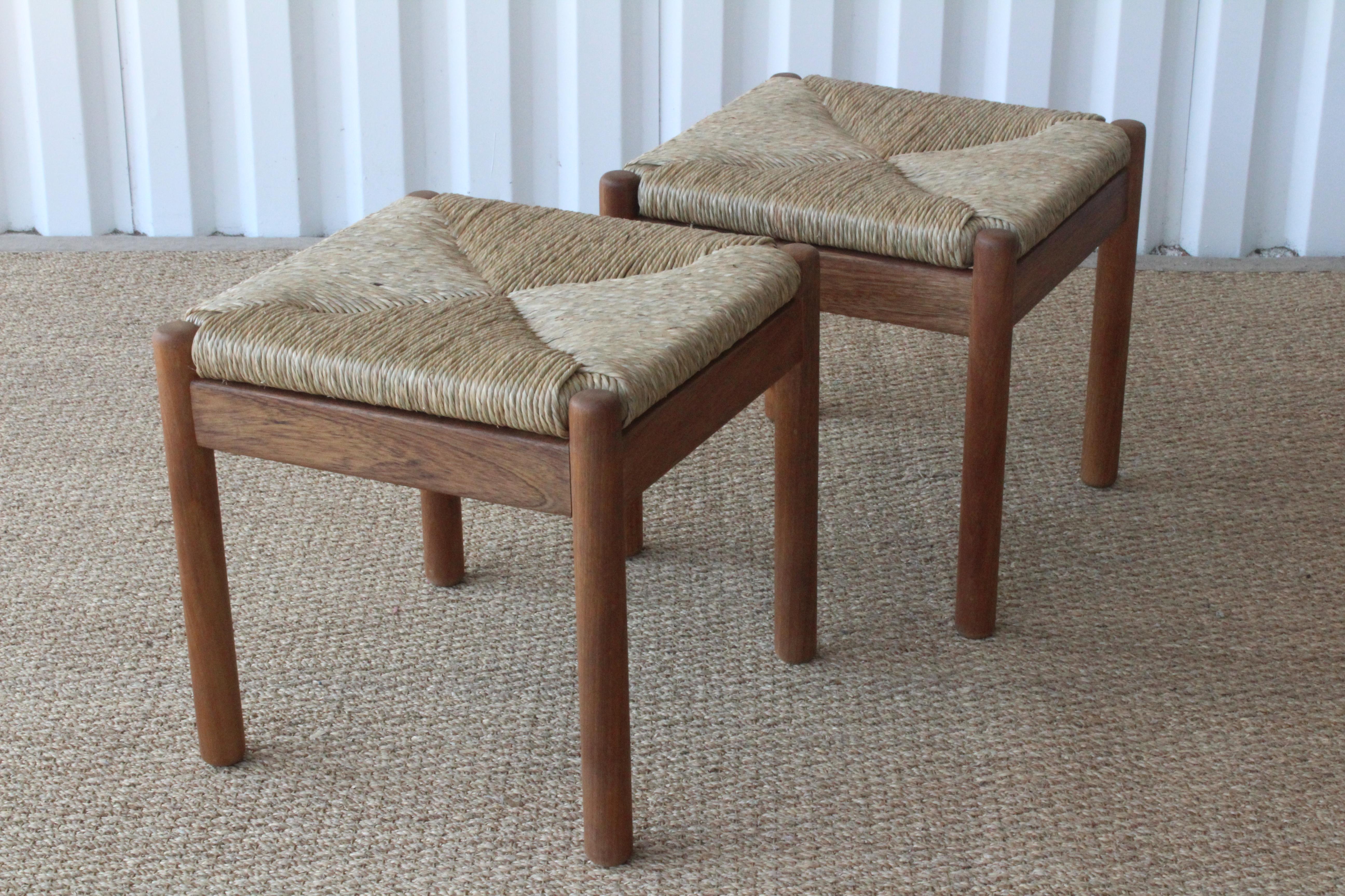 Oiled Pair of Danish Walnut Stools with Woven Rush Seats, 1960s