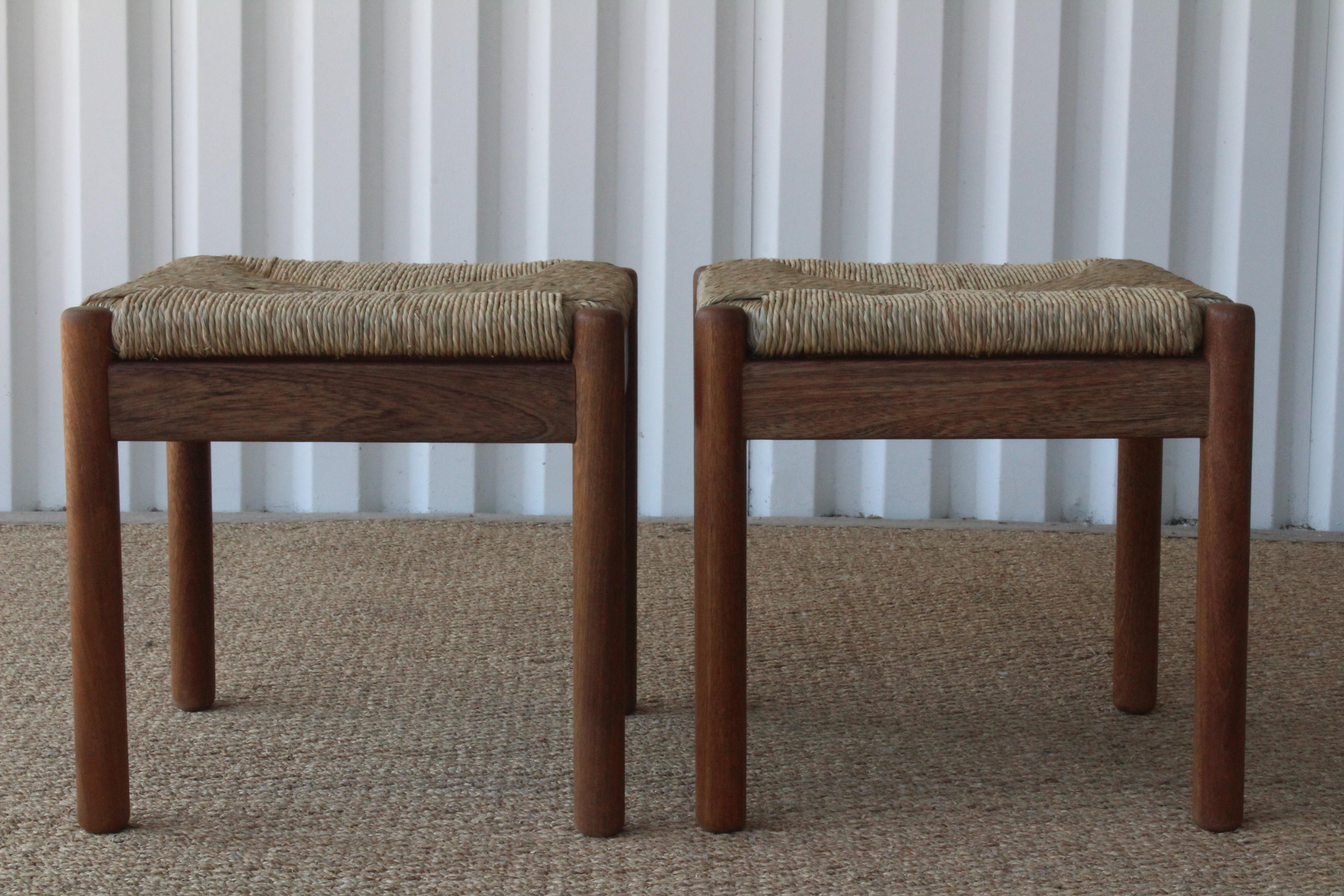 Pair of Danish Walnut Stools with Woven Rush Seats, 1960s In Excellent Condition In Los Angeles, CA