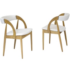 Pair of Danish White Oak Dining Chairs in White Leather