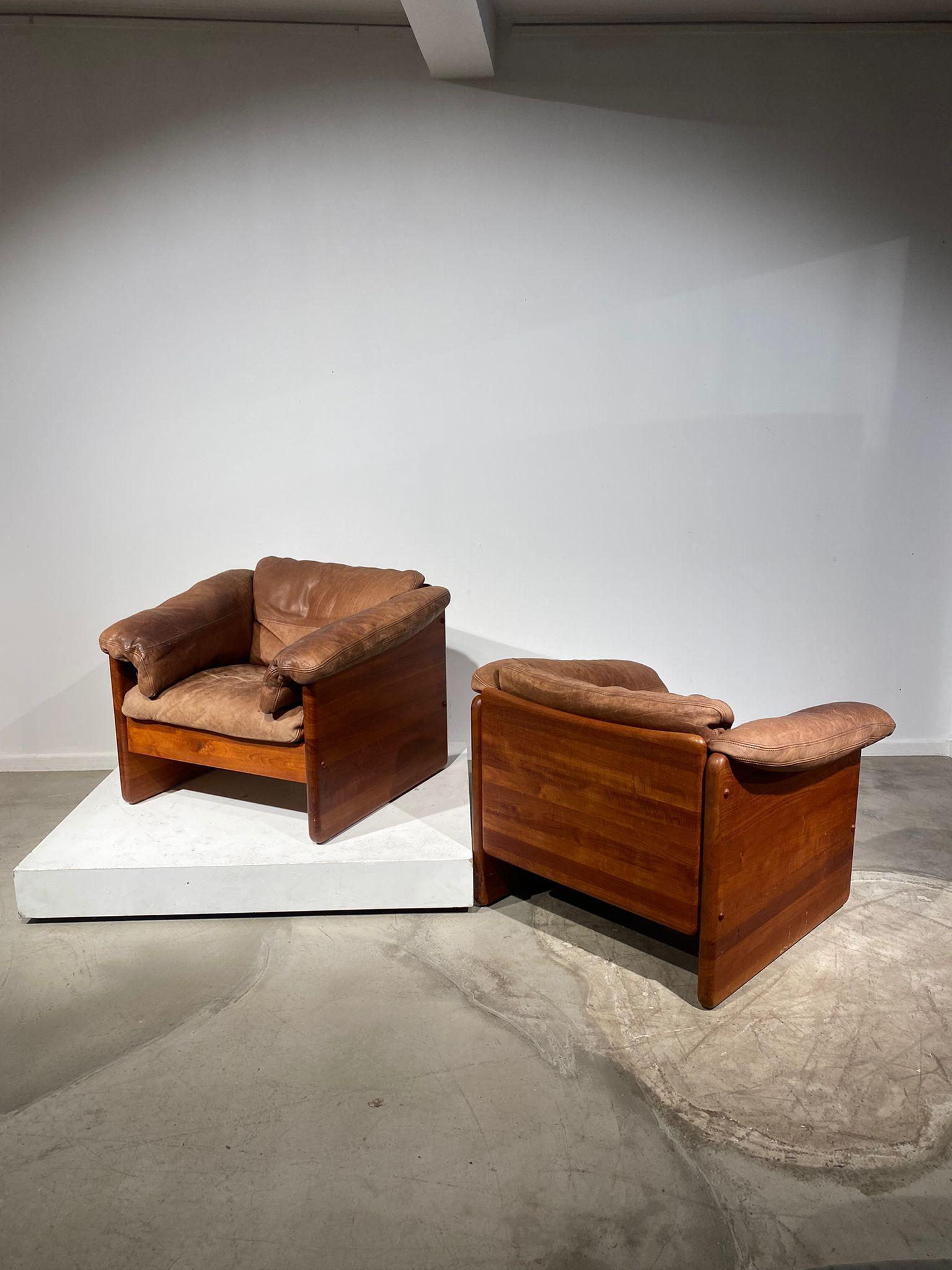 Italian Pair of Danish Wood & Leather Easy Chairs by Mikael Laursen