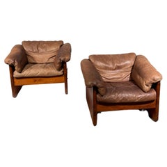 Retro Pair of Danish Wood & Leather Easy Chairs by Mikael Laursen
