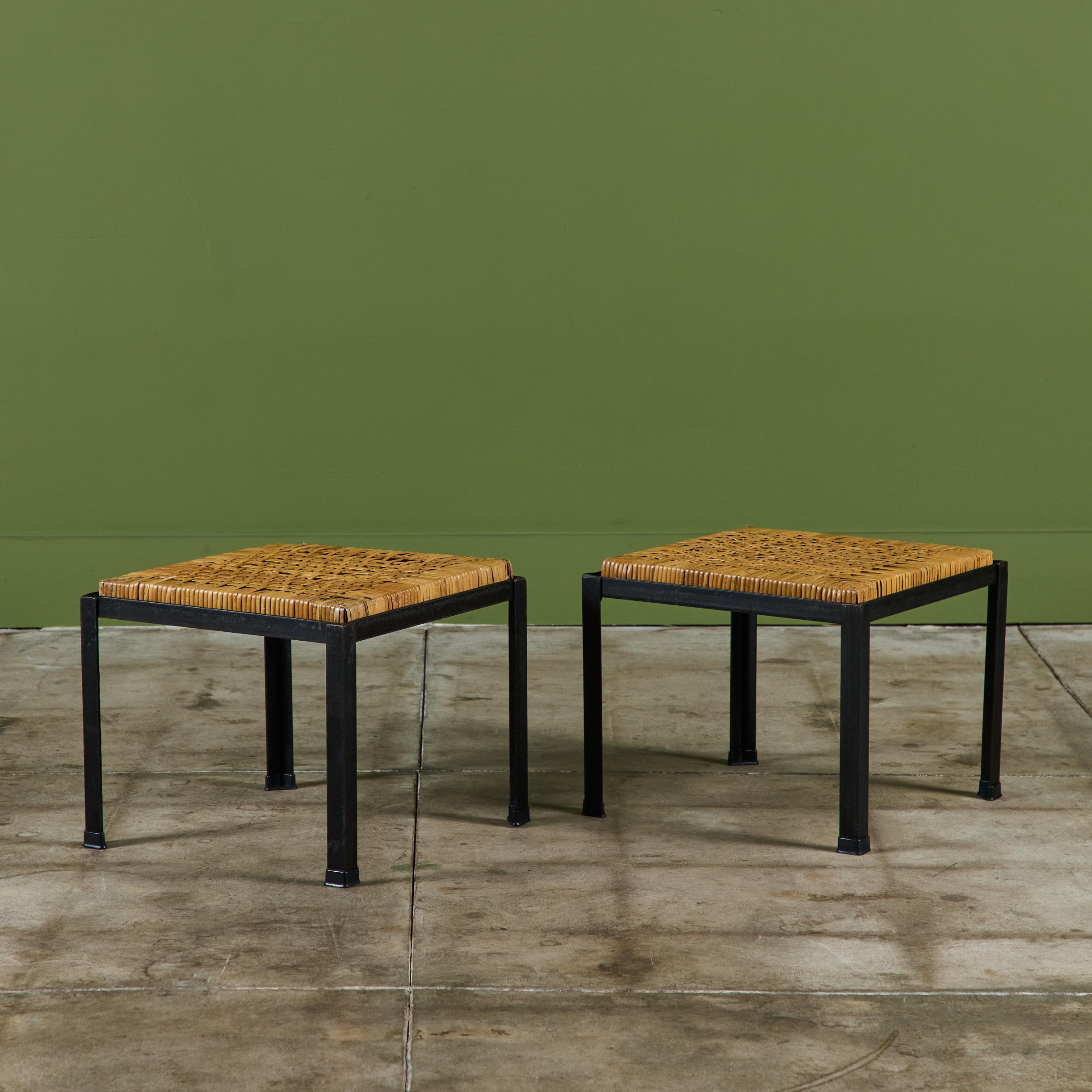 Wrought Iron Pair of Danny Ho Fong Cane Stools For Sale