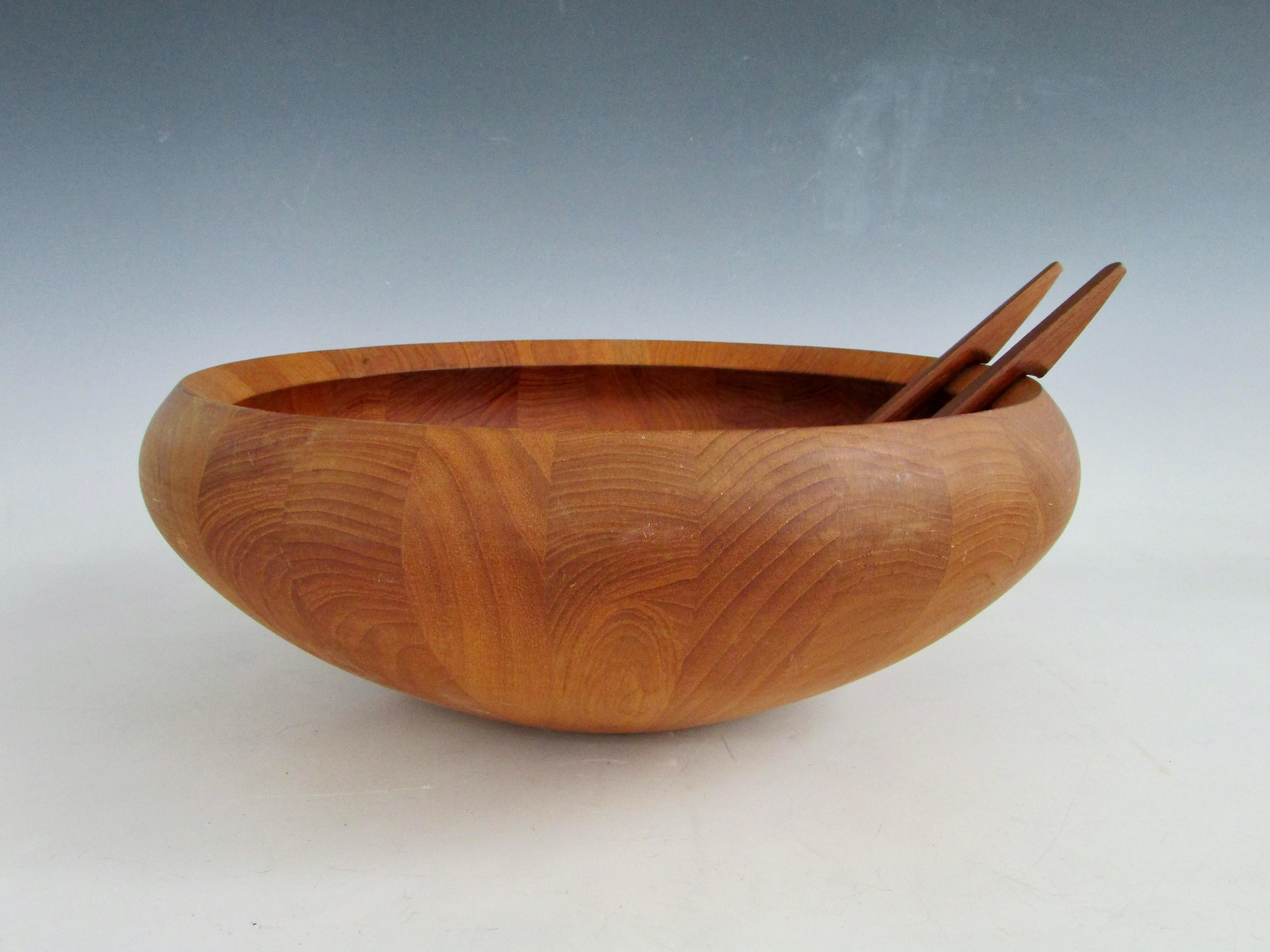 Pair of Dansk solid teak salad servers marked JHQ Denmark With large bowl 3