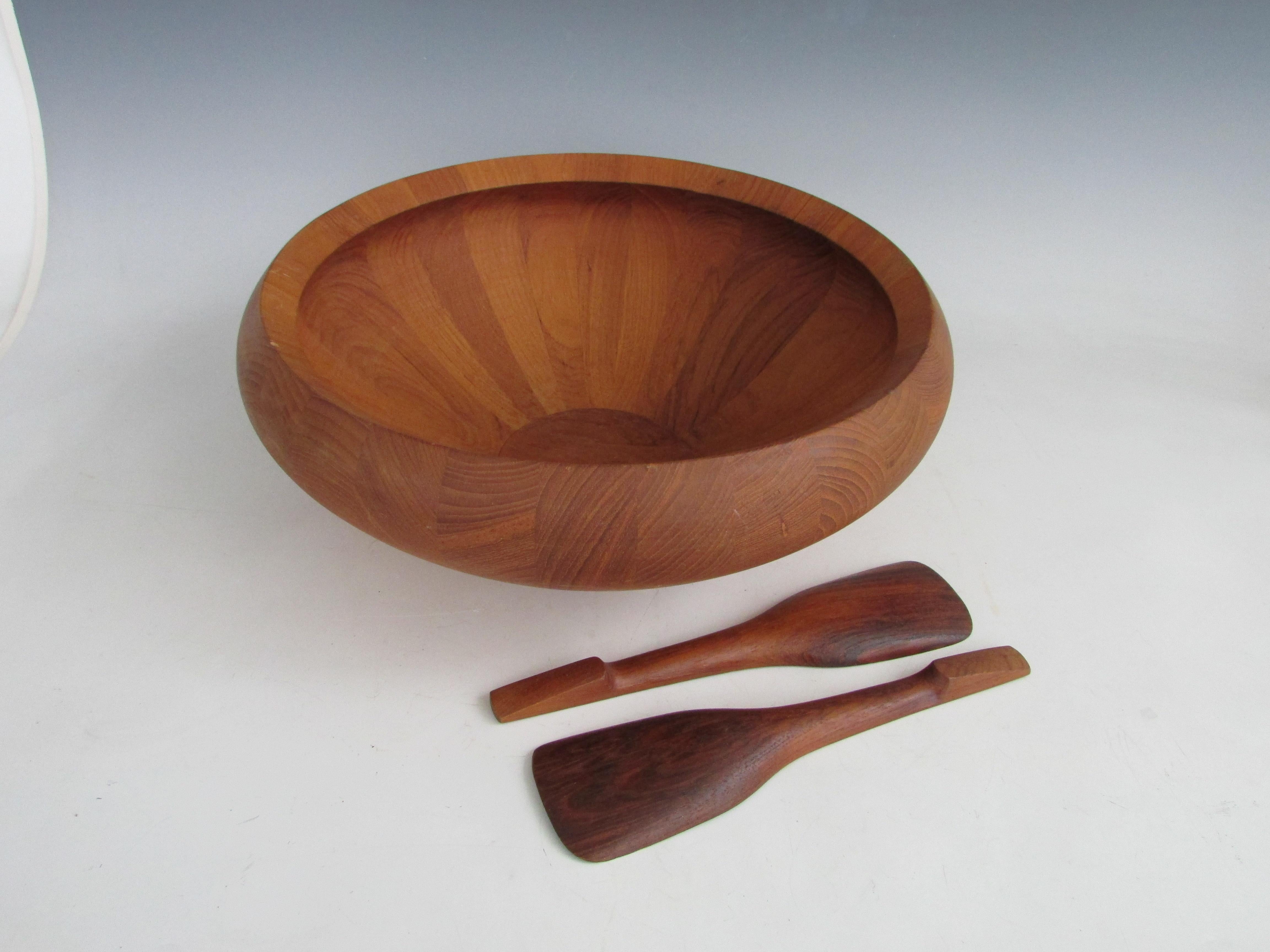 Pair of Dansk solid teak salad servers marked JHQ Denmark With large bowl 4
