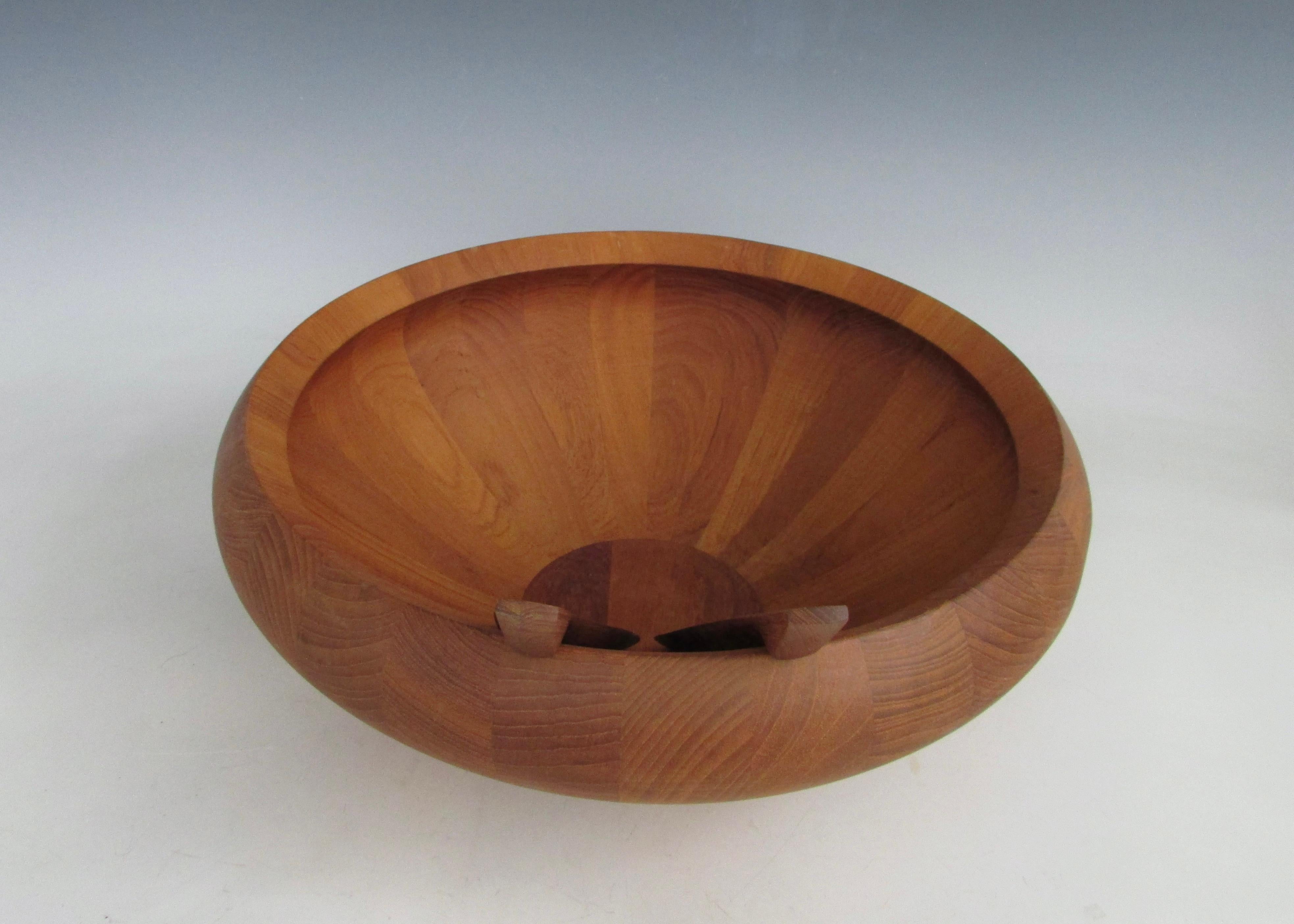 Pair of Dansk solid teak salad servers marked JHQ Denmark With large bowl 5