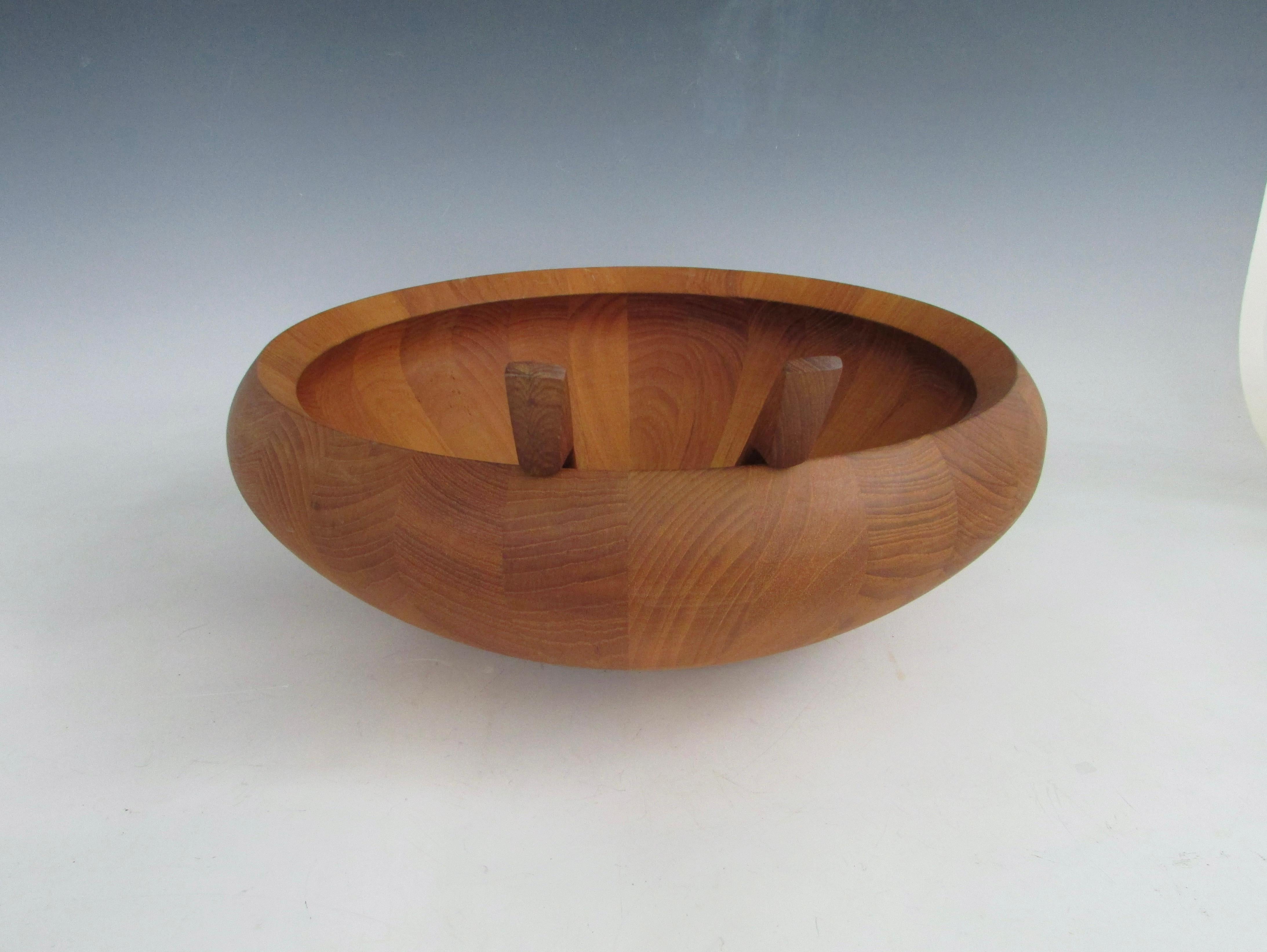 Pair of Dansk solid teak salad servers marked JHQ Denmark With large bowl 6