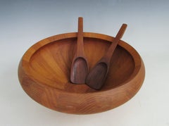 Pair of Dansk solid teak salad servers marked JHQ Denmark With large bowl