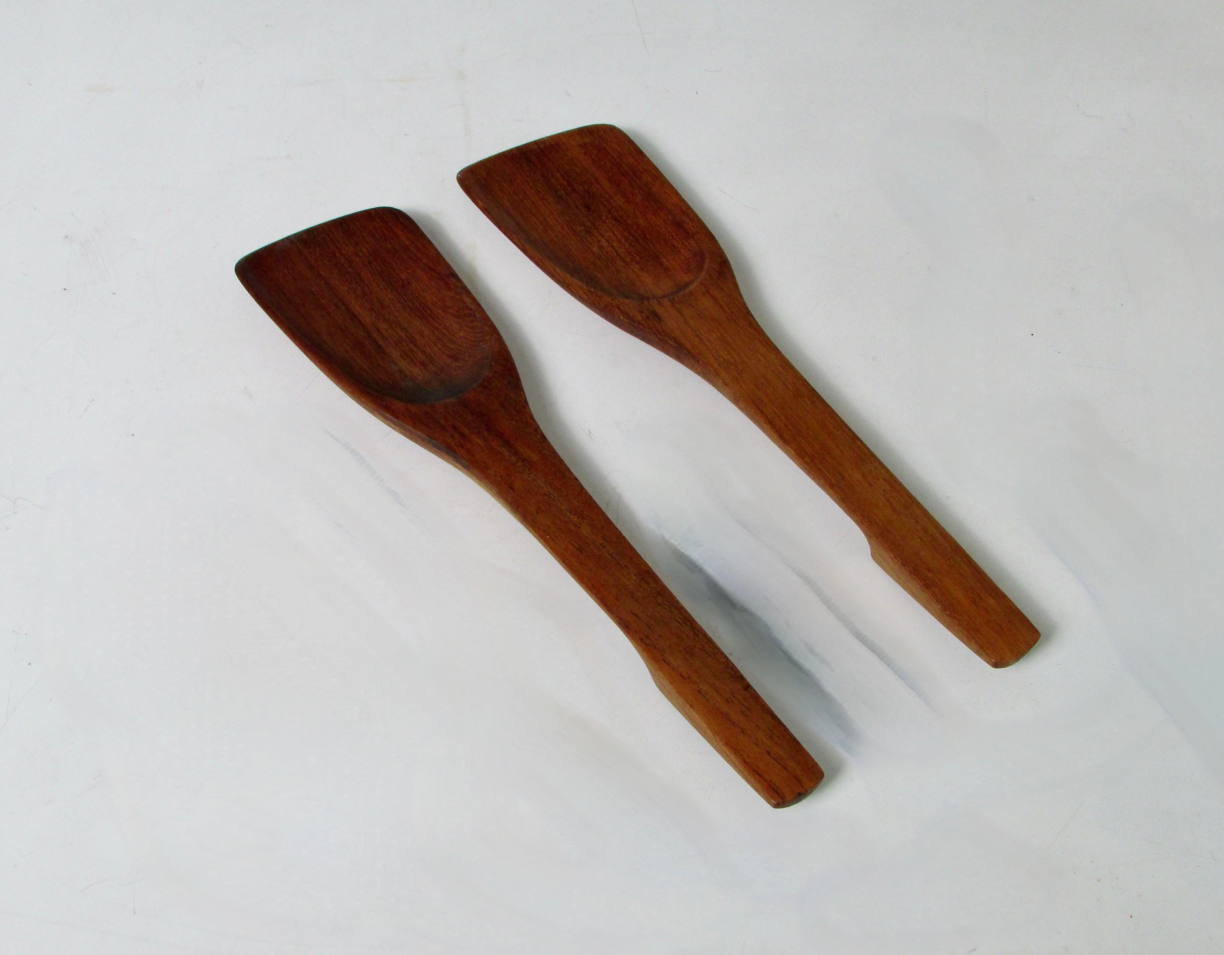 Fine pair of solid teak salad servers  . Designed by Jens Harold Quistgaard  (JHQ ) for Dansk . Servers Stamped JHQ Denmark . 