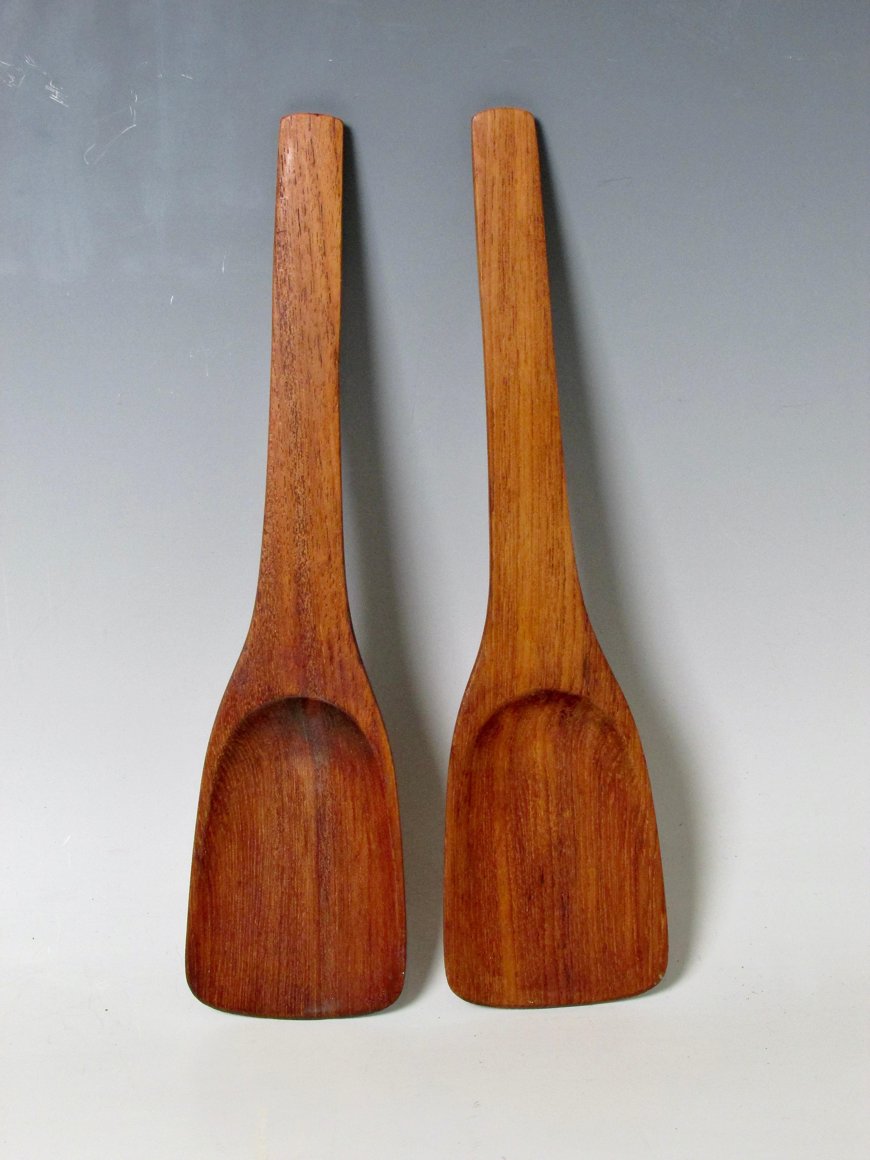 Pair of Dansk solid teak salad servers marked JHQ Denmark For Sale 1