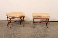 Pair of Dante Style Reed-Carved Wood Stools w/Upholstered Seats