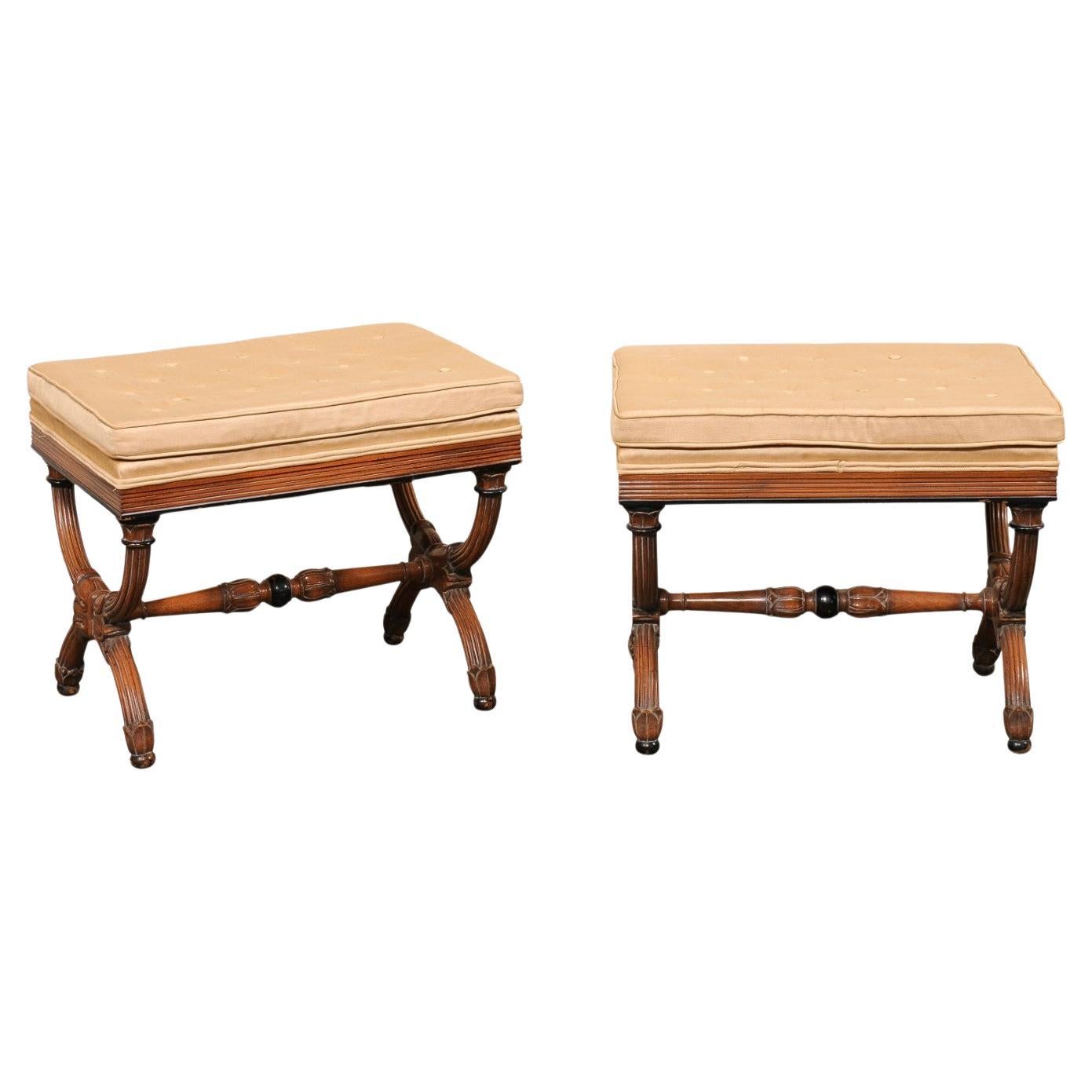Pair of Dante Style Reed-Carved Wood Stools w/Upholstered Seats