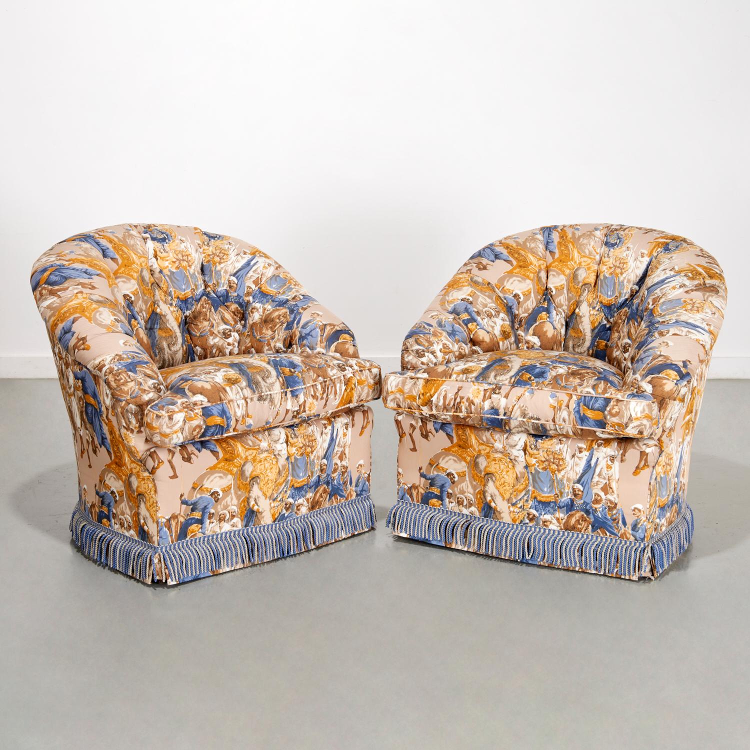 Pair of Dapha Custom Club Chairs in “Orientalist” Persian Procession Upholstery For Sale 3