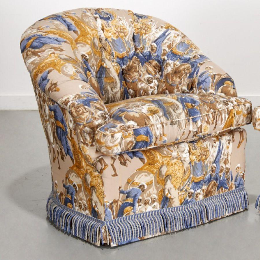 Hollywood Regency Pair of Dapha Custom Club Chairs in “Orientalist” Persian Procession Upholstery For Sale