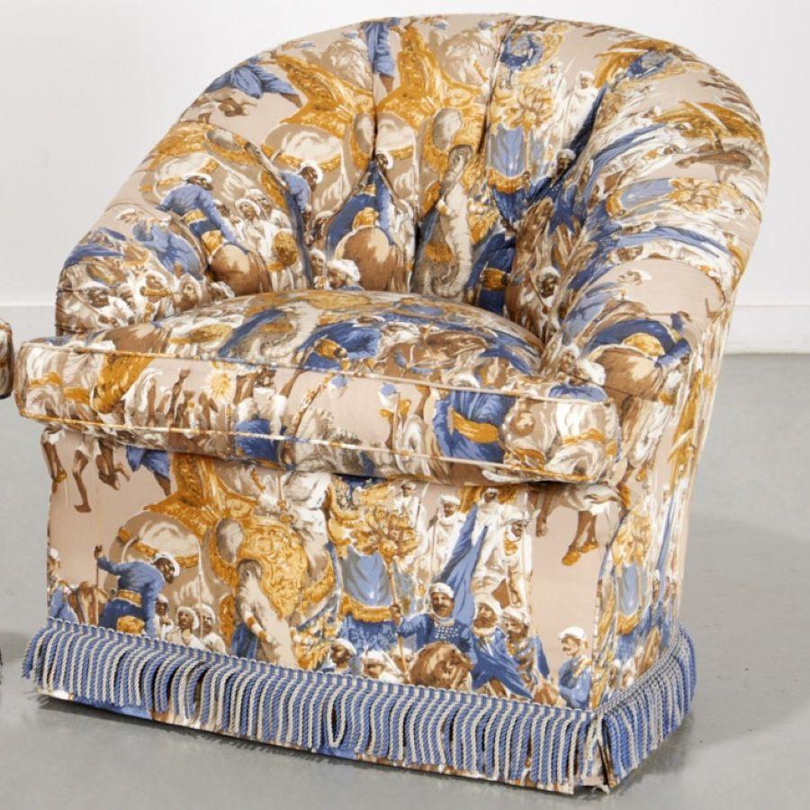 American Pair of Dapha Custom Club Chairs in “Orientalist” Persian Procession Upholstery For Sale