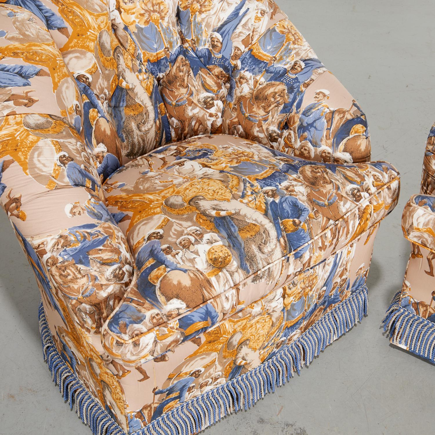 Hand-Crafted Pair of Dapha Custom Club Chairs in “Orientalist” Persian Procession Upholstery For Sale