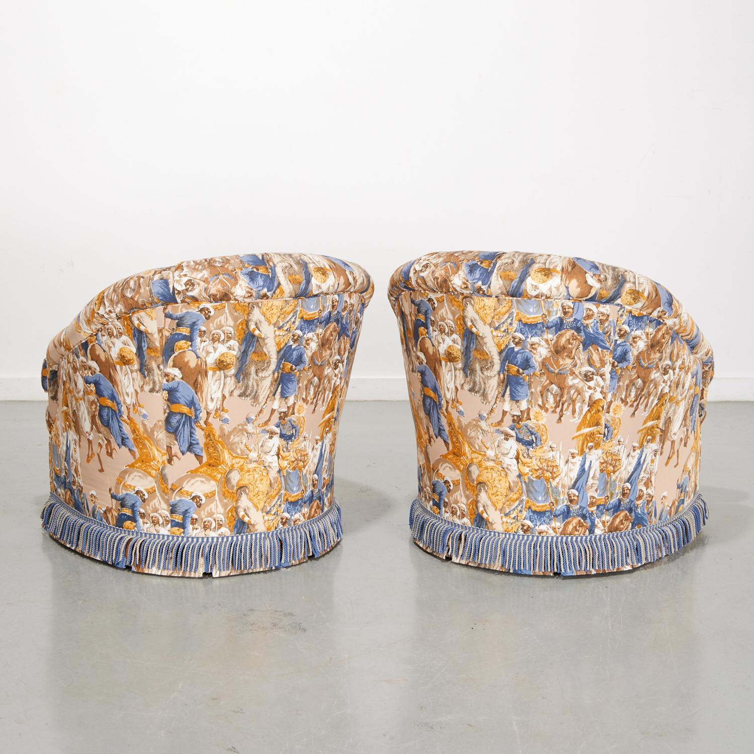 Late 20th Century Pair of Dapha Custom Club Chairs in “Orientalist” Persian Procession Upholstery For Sale