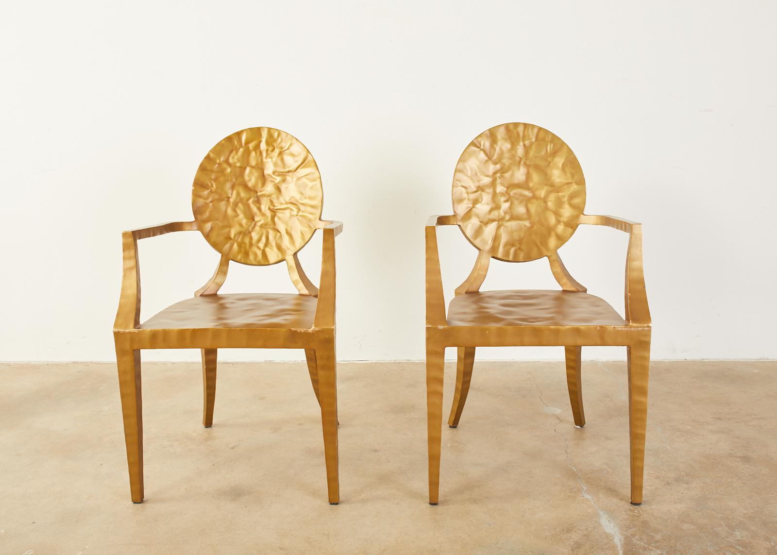 Louis XVI Pair of Daphne Gilt Hammered Iron Dining Chairs For Sale