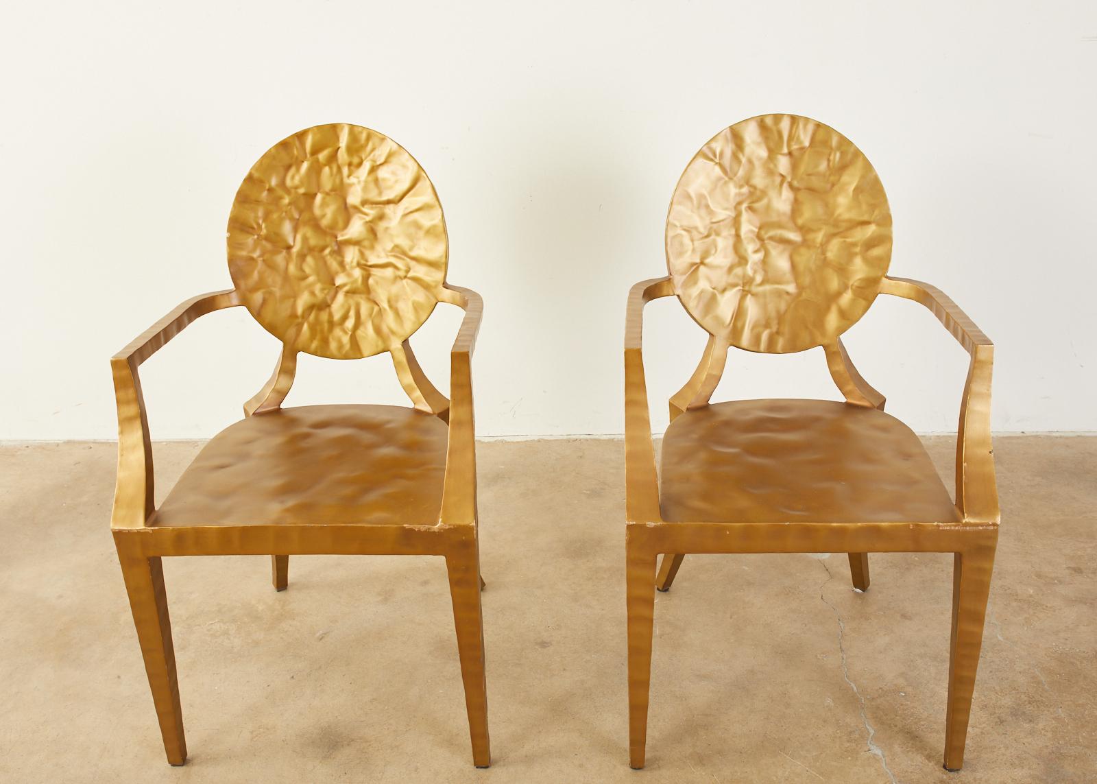 Pair of Daphne Gilt Hammered Iron Dining Chairs For Sale 2