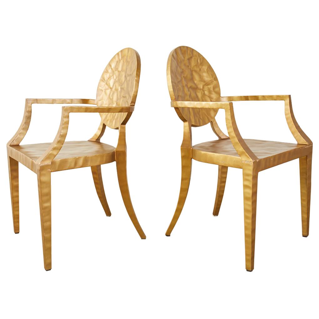 Pair of Daphne Gilt Hammered Iron Dining Chairs For Sale