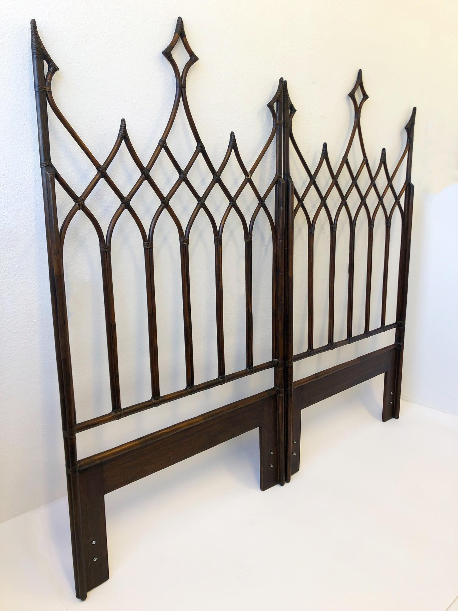 Late 20th Century Pair of Dark Bamboo Gothic Revival Twin Headboards by McGuire 
