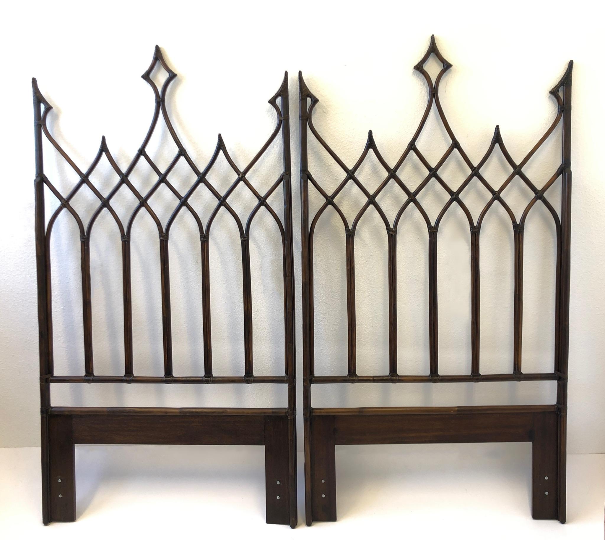 Hide Pair of Dark Bamboo Gothic Revival Twin Headboards by McGuire 