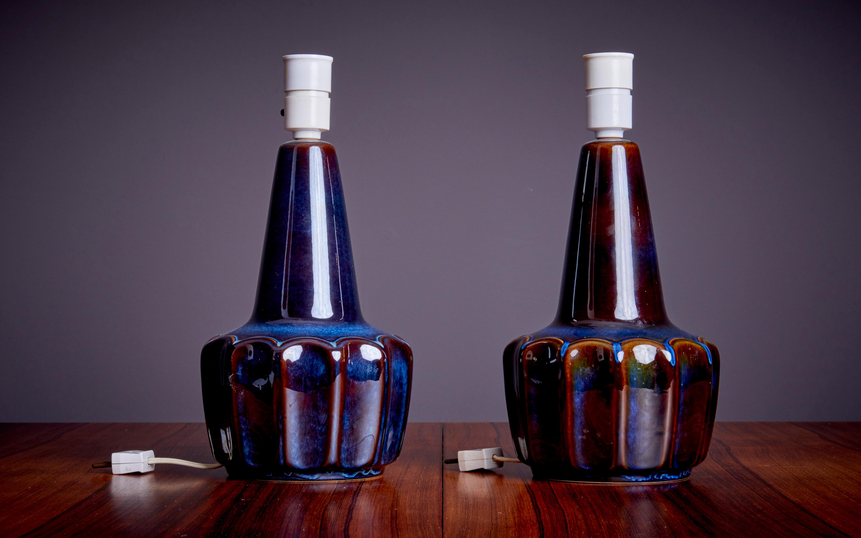 Céramique Paire de lampes de bureau en céramique bleu foncé par Soholm, Danemark, années 1960 en vente