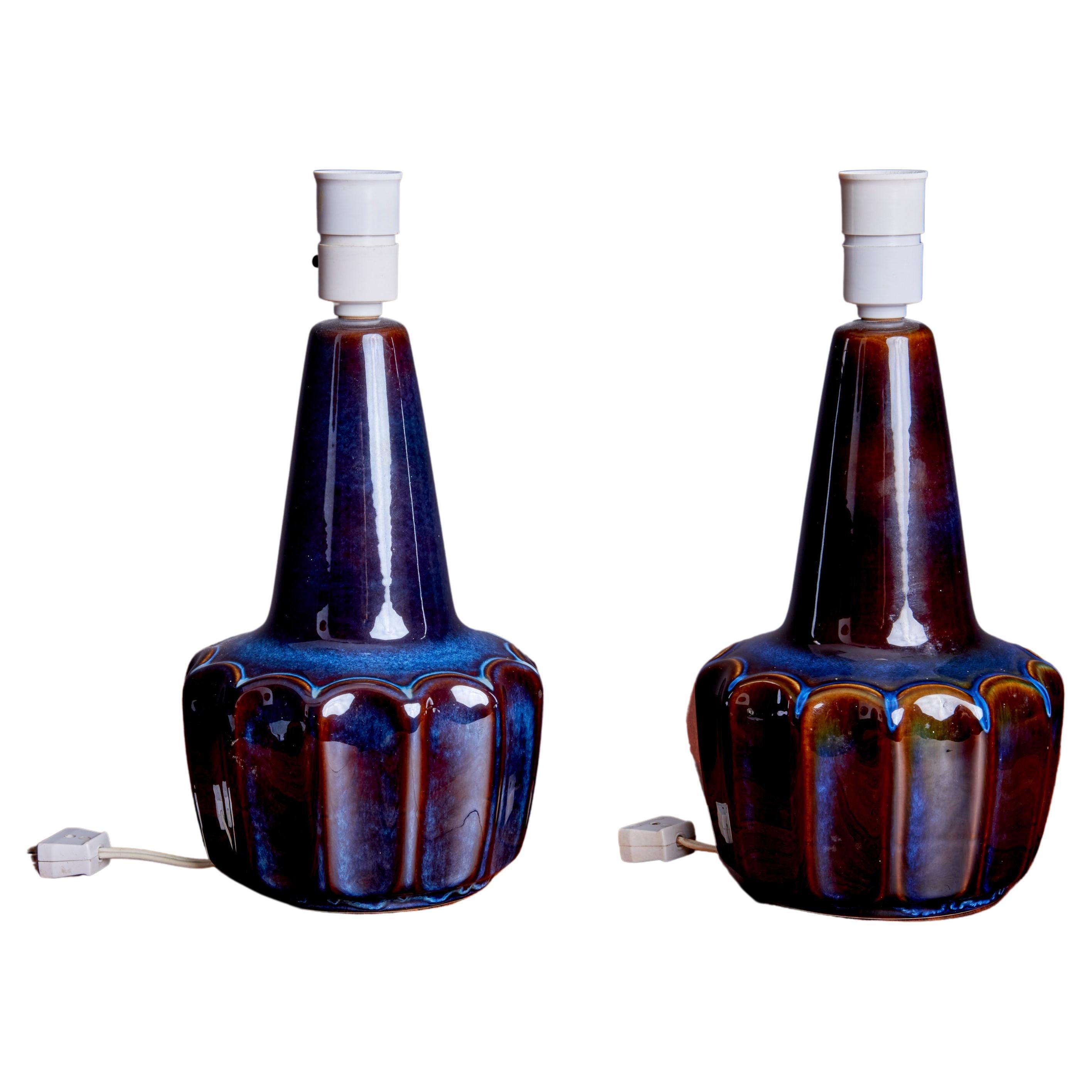 Pair of Dark Blue Ceramic Table Lamps by Soholm, Denmark, 1960s For Sale