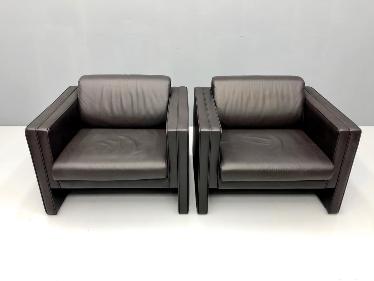 German Pair of Dark Blue Leather Lounge Chairs by Walter Knoll, 1975