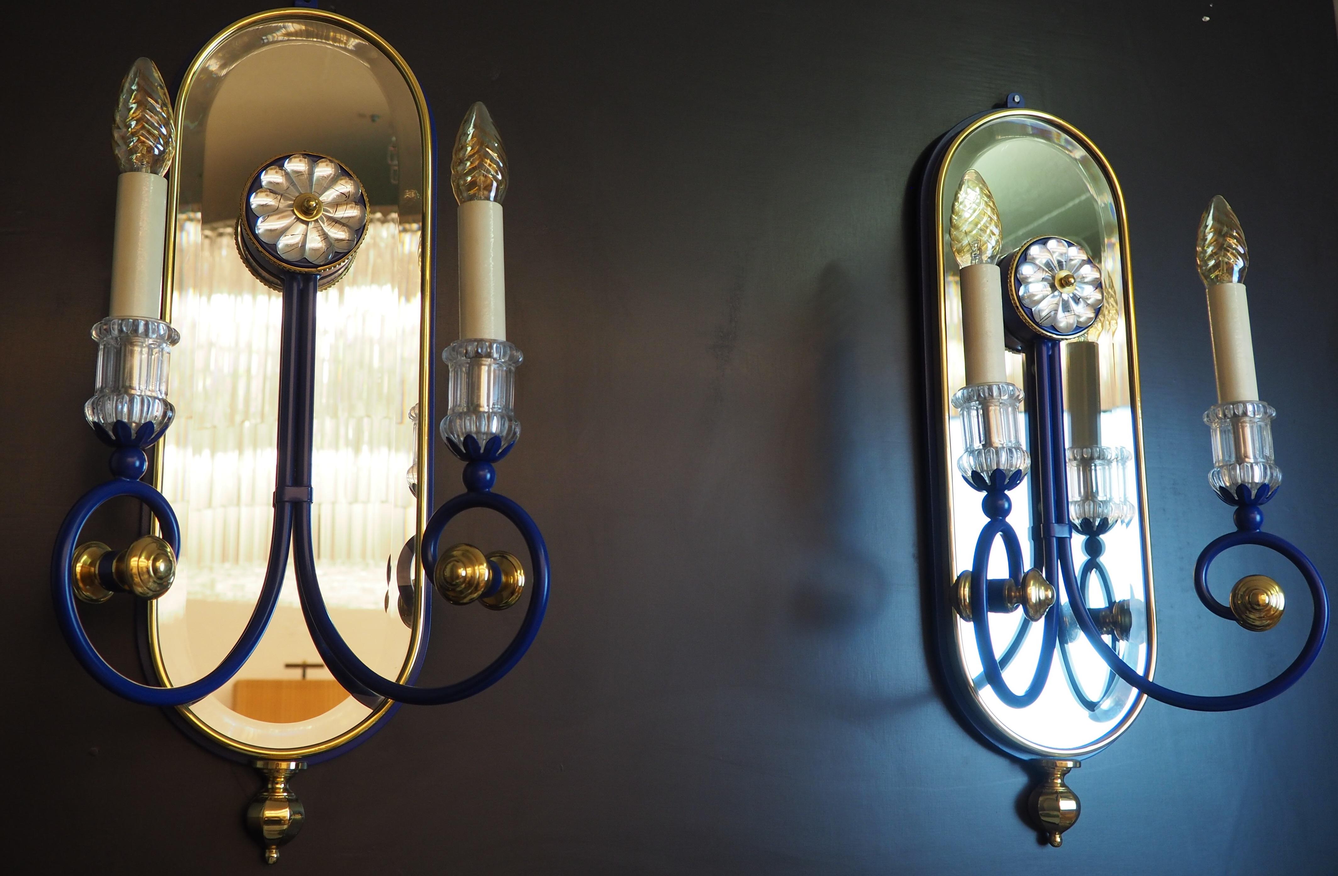 Pair of Blue Mirrored Brass Wall Sconces by Banci, Italy, circa 1980s For Sale 3