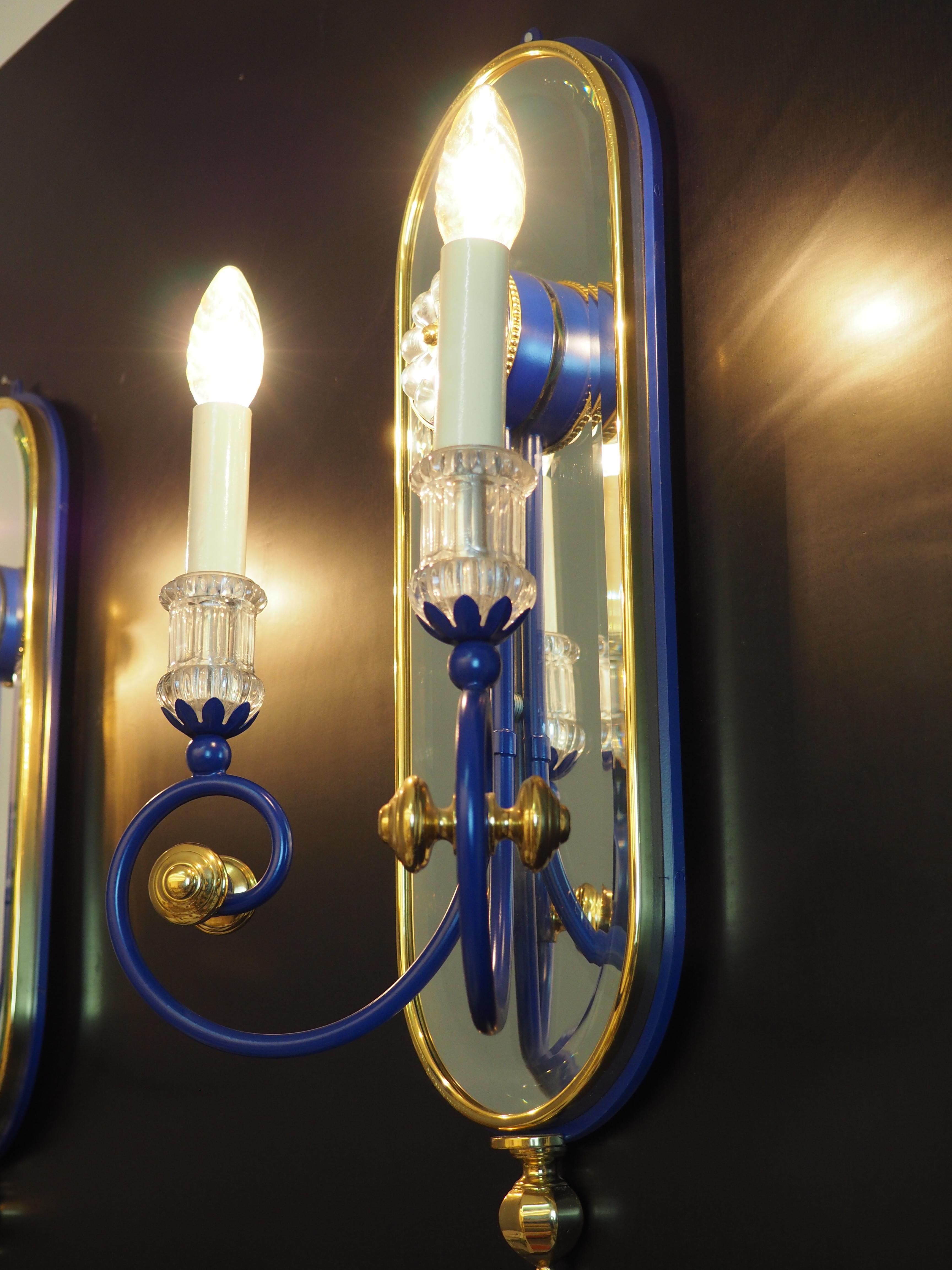 Pair of Blue Mirrored Brass Wall Sconces by Banci, Italy, circa 1980s For Sale 4