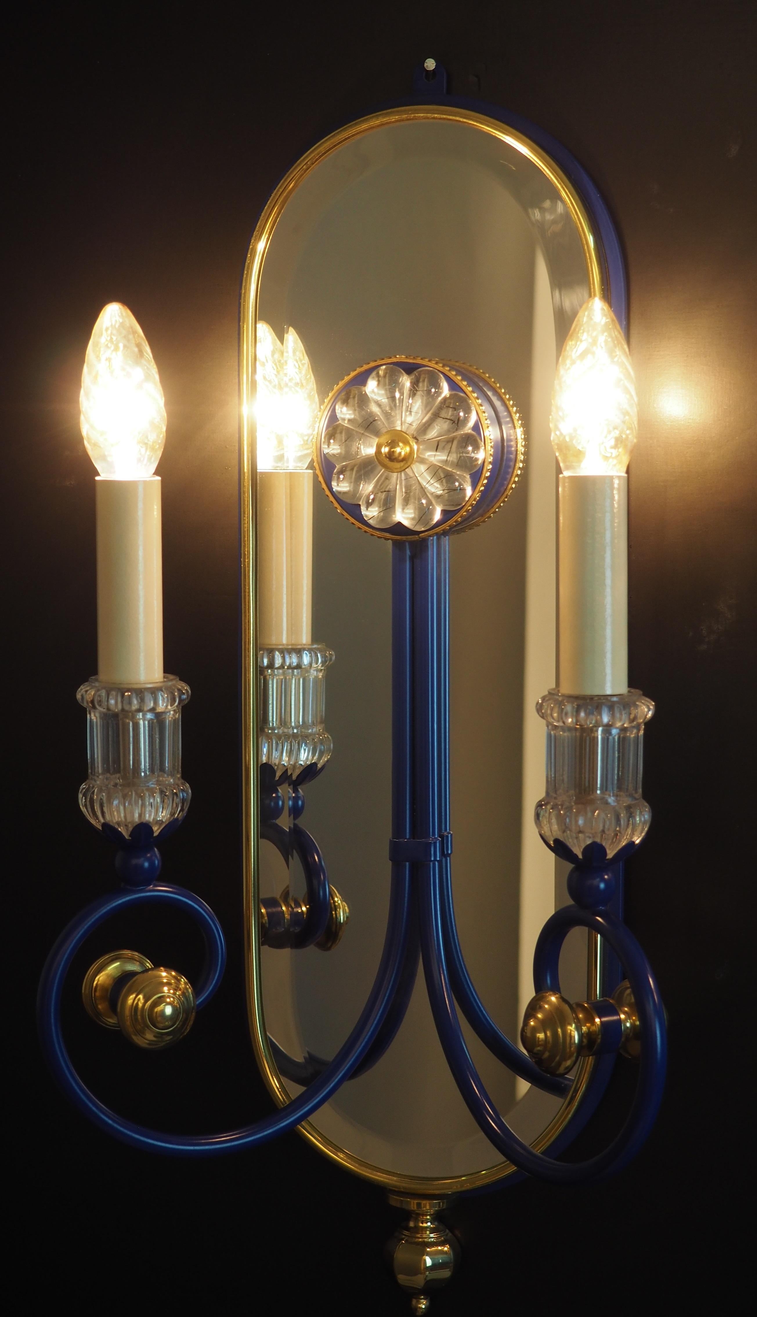Italian Pair of Blue Mirrored Brass Wall Sconces by Banci, Italy, circa 1980s For Sale
