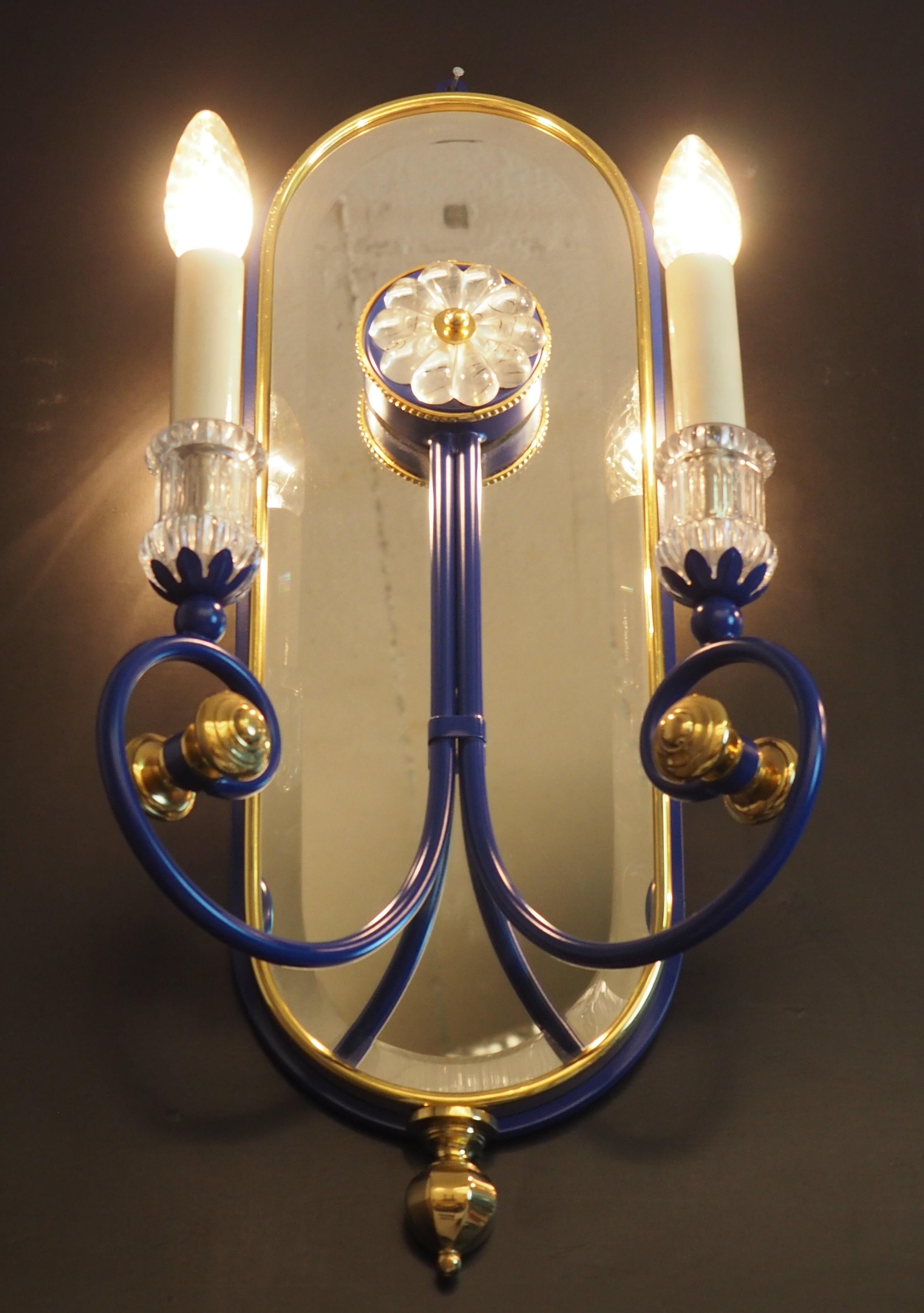 Gilt Pair of Blue Mirrored Brass Wall Sconces by Banci, Italy, circa 1980s For Sale