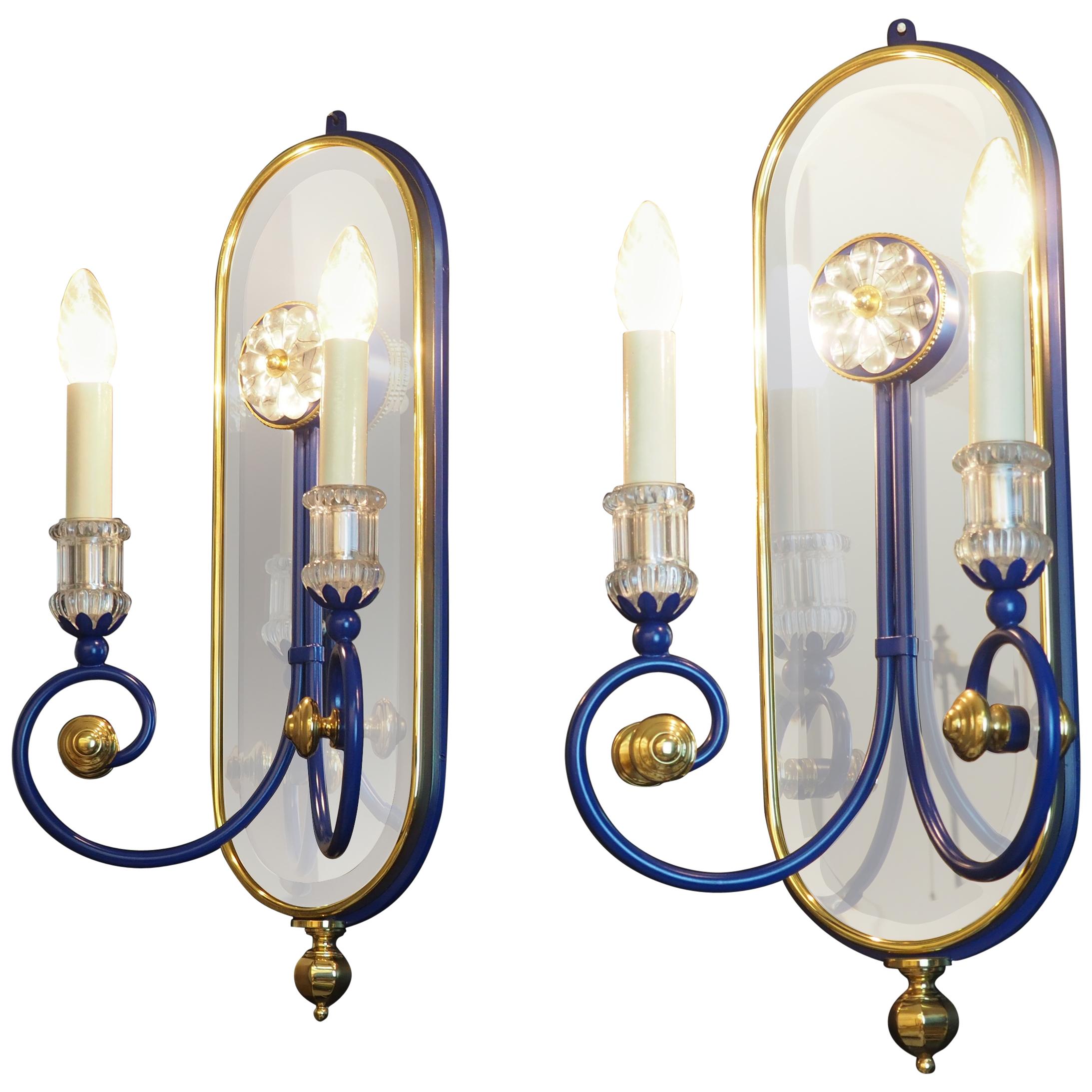 Pair of Blue Mirrored Brass Wall Sconces by Banci, Italy, circa 1980s For Sale