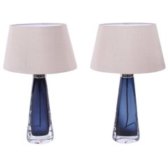 Pair of Dark Blue Orrefors Lamps