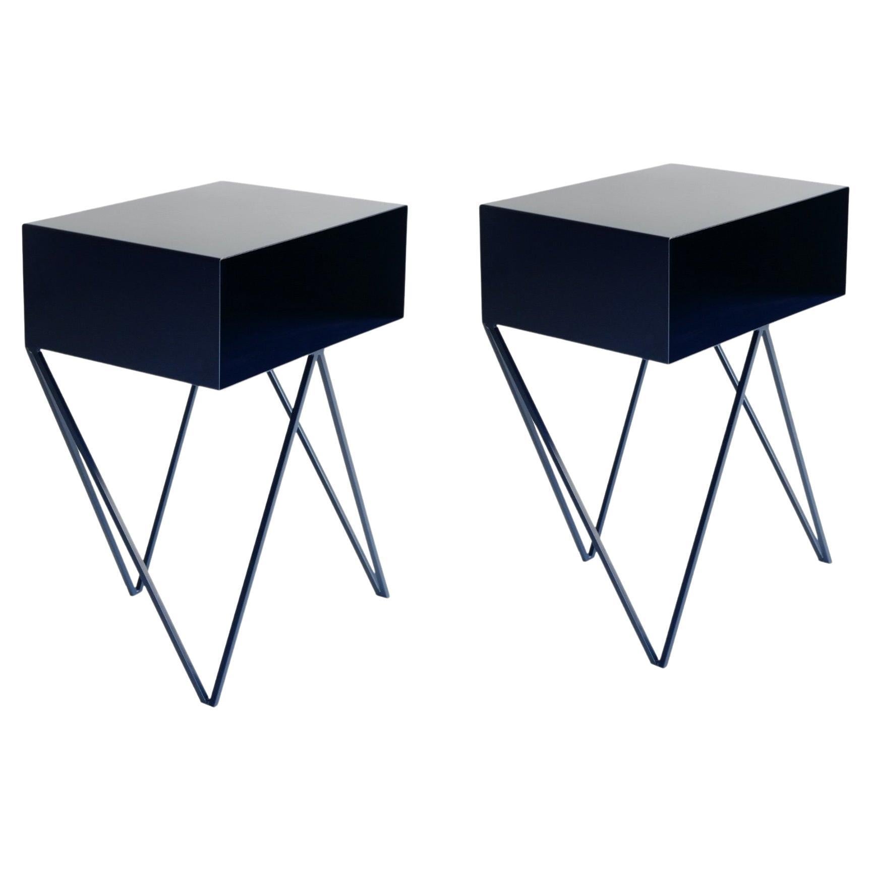 Paire de tables de chevet Robot en acier bleu foncé - Tables de chevet en vente