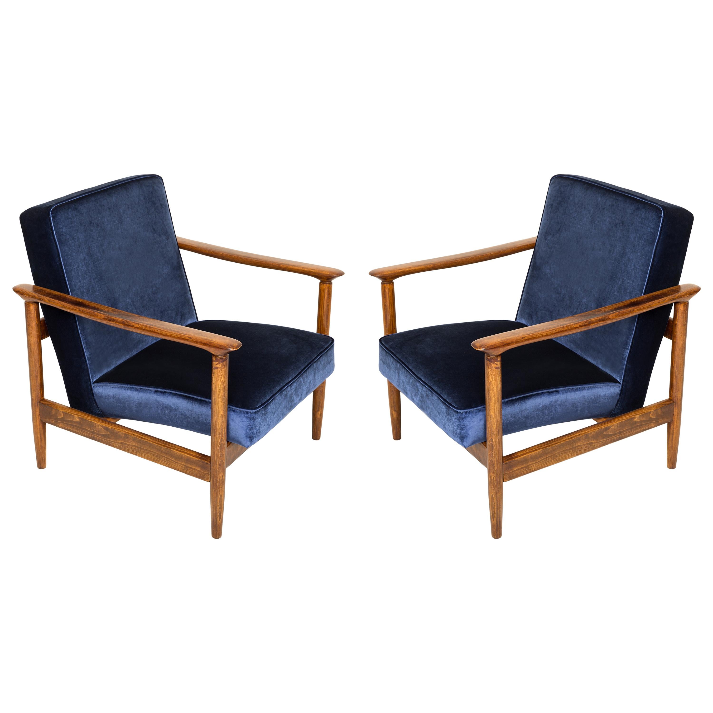 Pair of Dark Blue Velvet Armchairs, Designed by Edmund Homa, 1960s For Sale