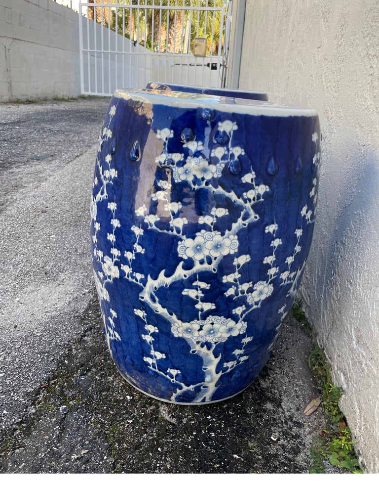 Pair of Dark Blue and White Floral Design Garden Seats For Sale at 1stDibs