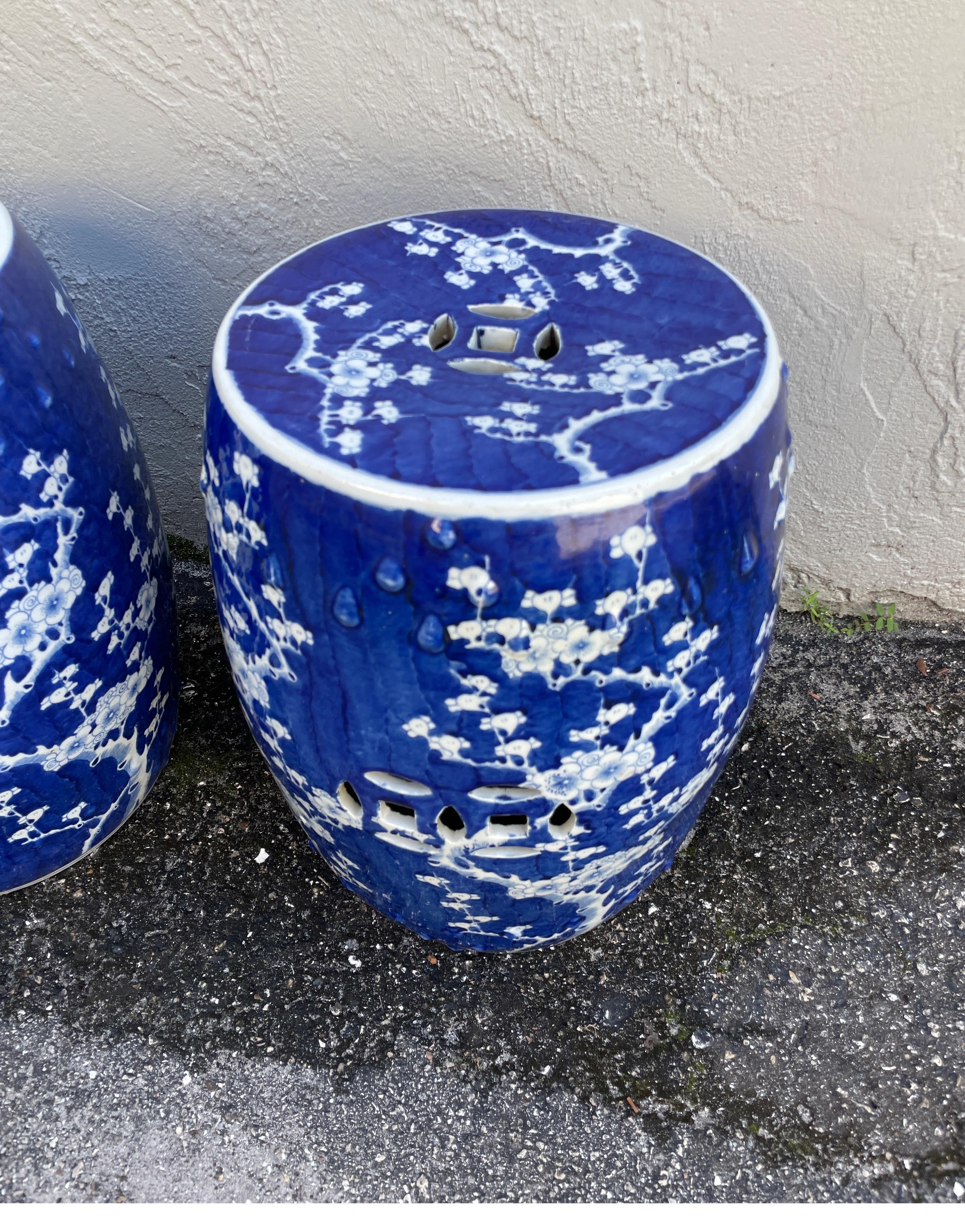 Chinese Pair of Dark Blue & White Floral Design Garden Seats