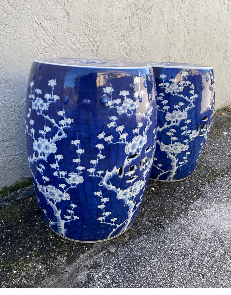 Pair of Dark Blue and White Floral Design Garden Seats For Sale at 1stDibs