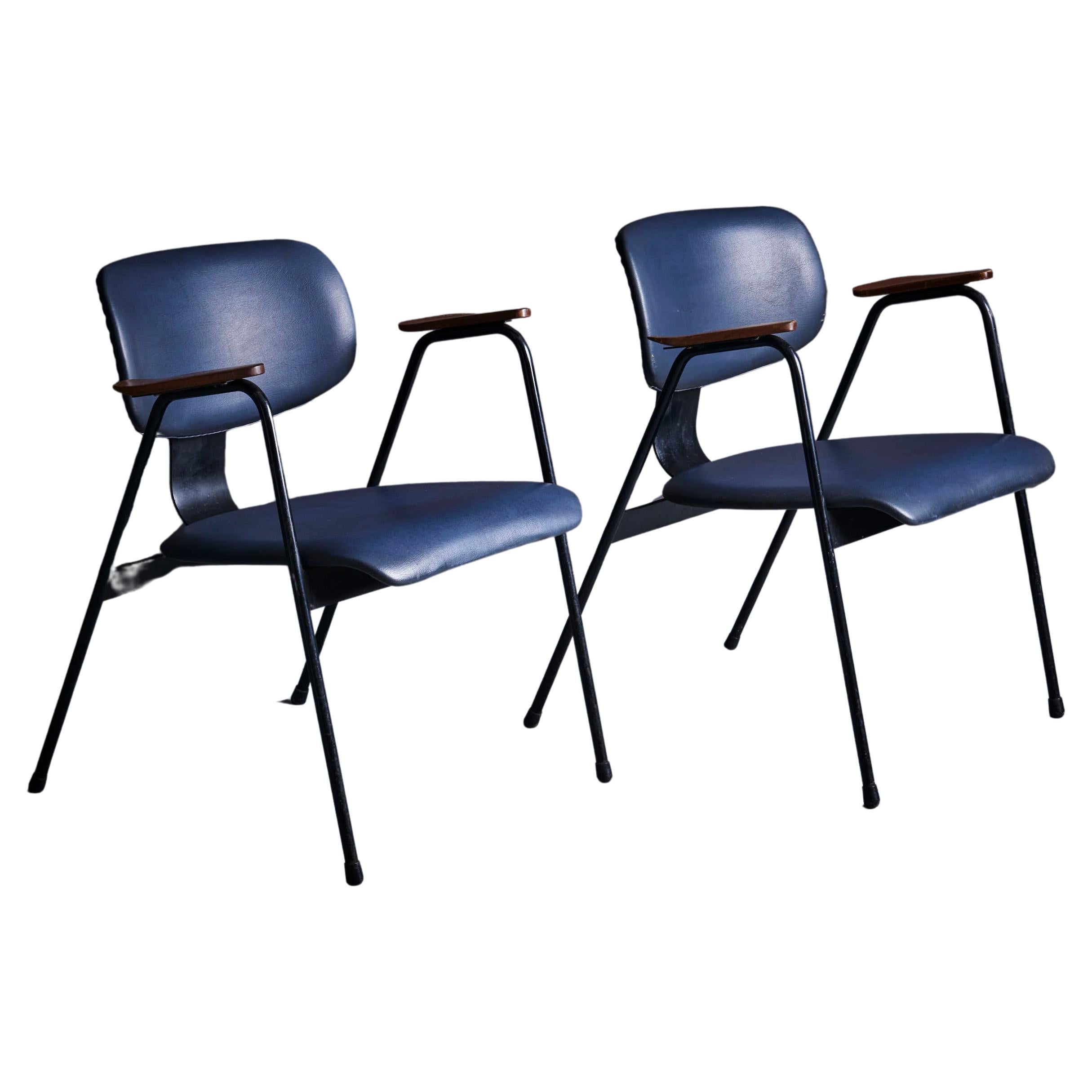 Pair of dark blue Willy van der Meeren Lounge Chairs in skai, Belgium - 1950s For Sale