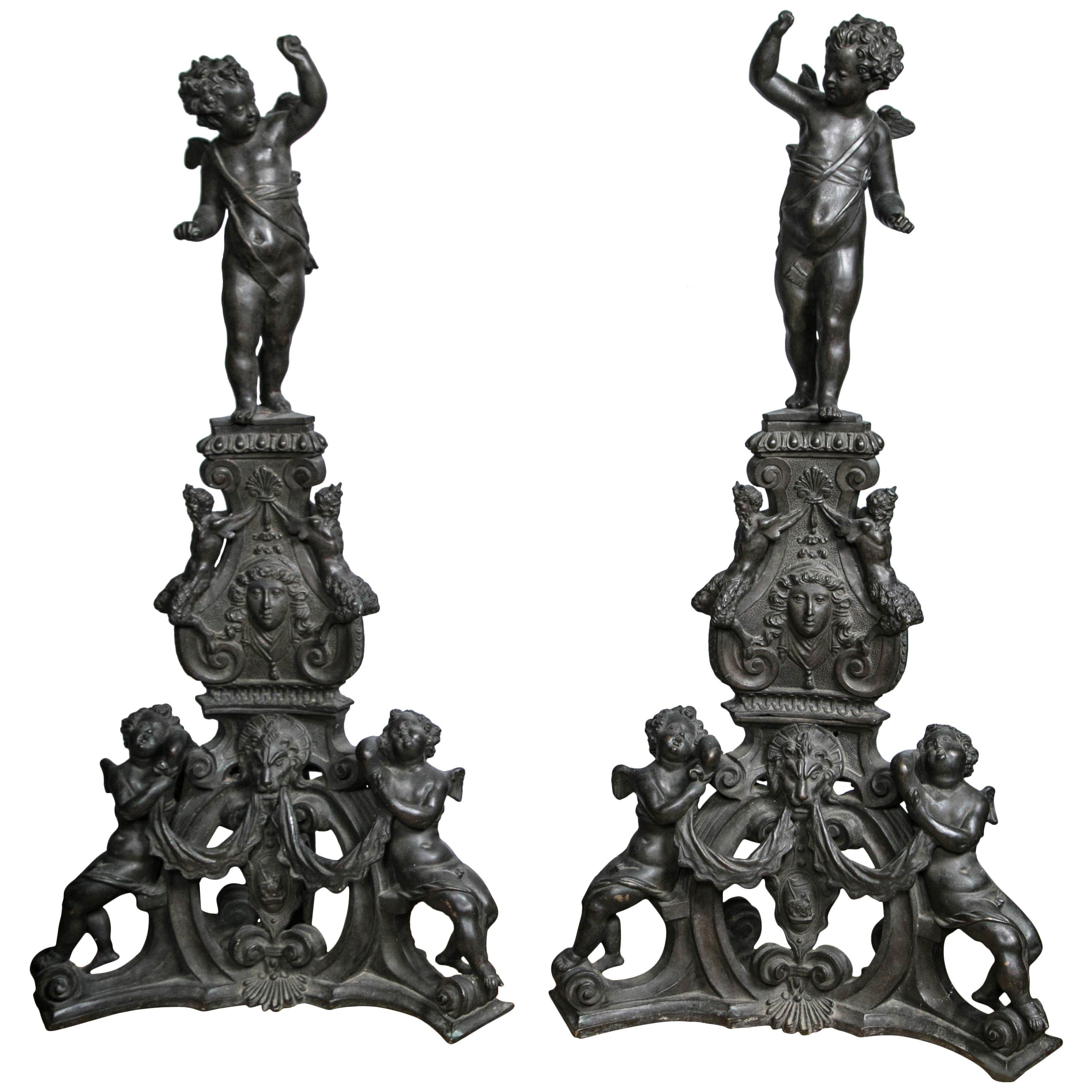 Pair of Dark Bronze Italian Andirons For Sale