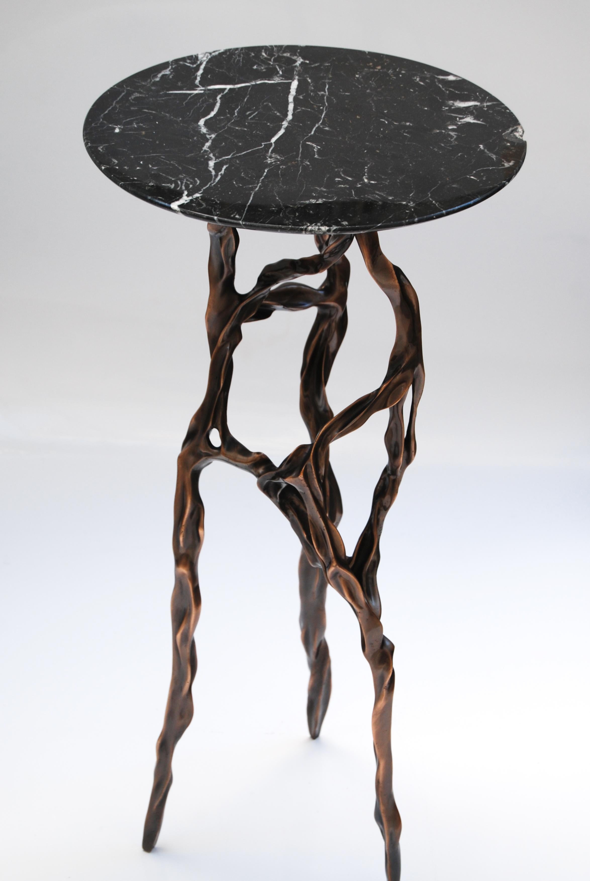 Modern Pair of Dark Bronze Side Tables with Marquina Marble Top by Fakasaka Design For Sale