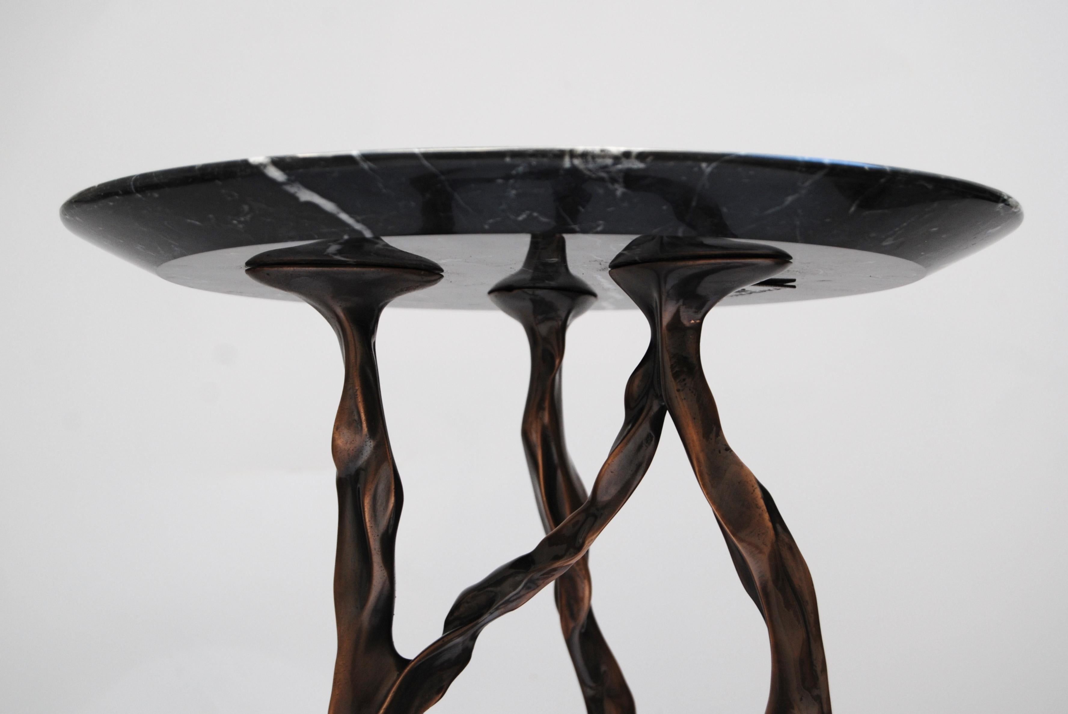 Brazilian Pair of Dark Bronze Side Tables with Marquina Marble Top by Fakasaka Design For Sale