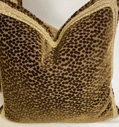 Pair of Dark Brown Cut-Velvet Cushions with Gold Trim
