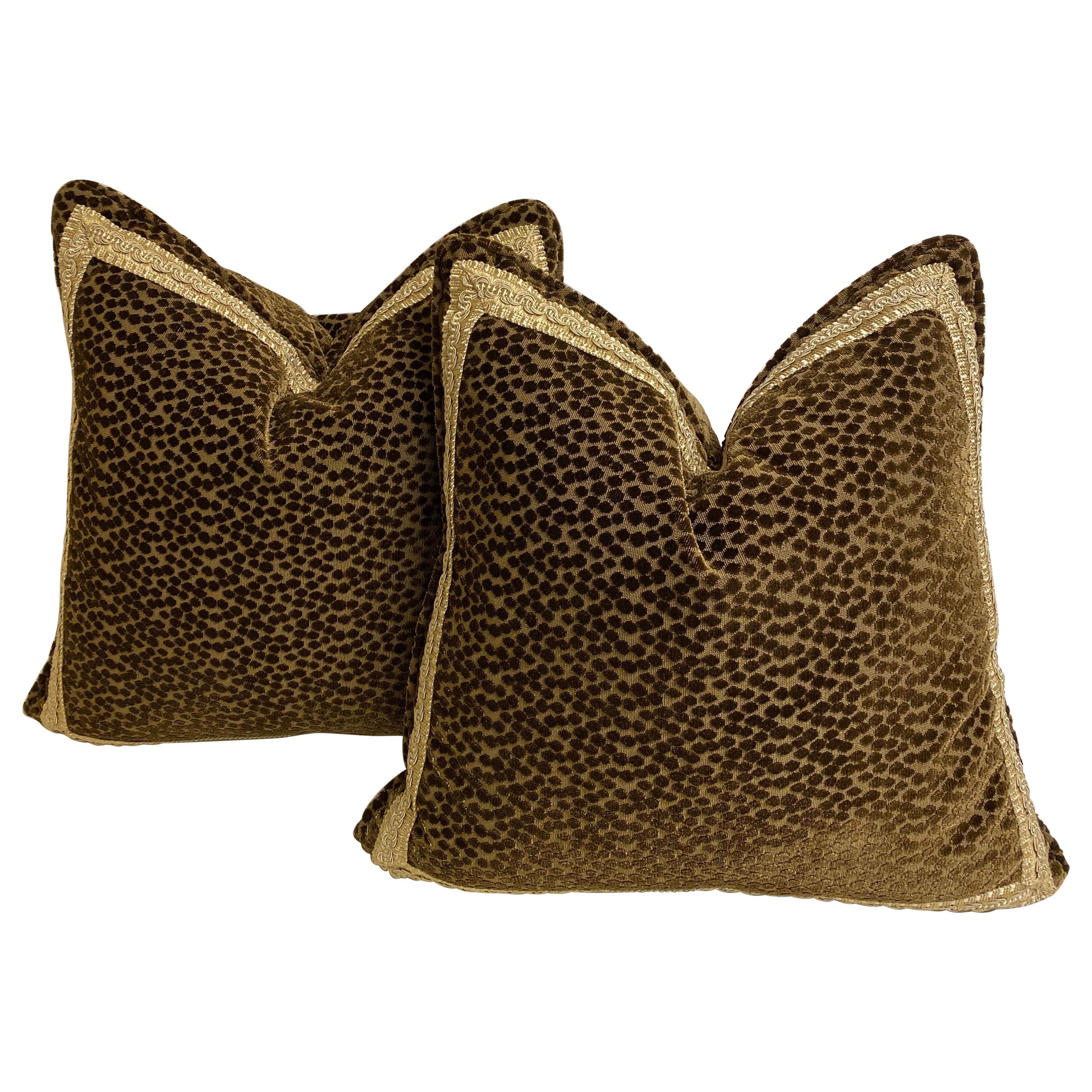 Pair of Dark Brown Cut-Velvet Cushions with Gold Trim