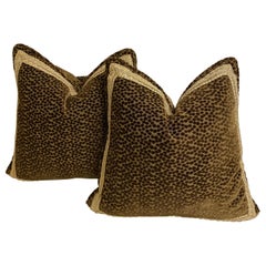 Pair of Dark Brown Cut-Velvet Cushions with Gold Trim