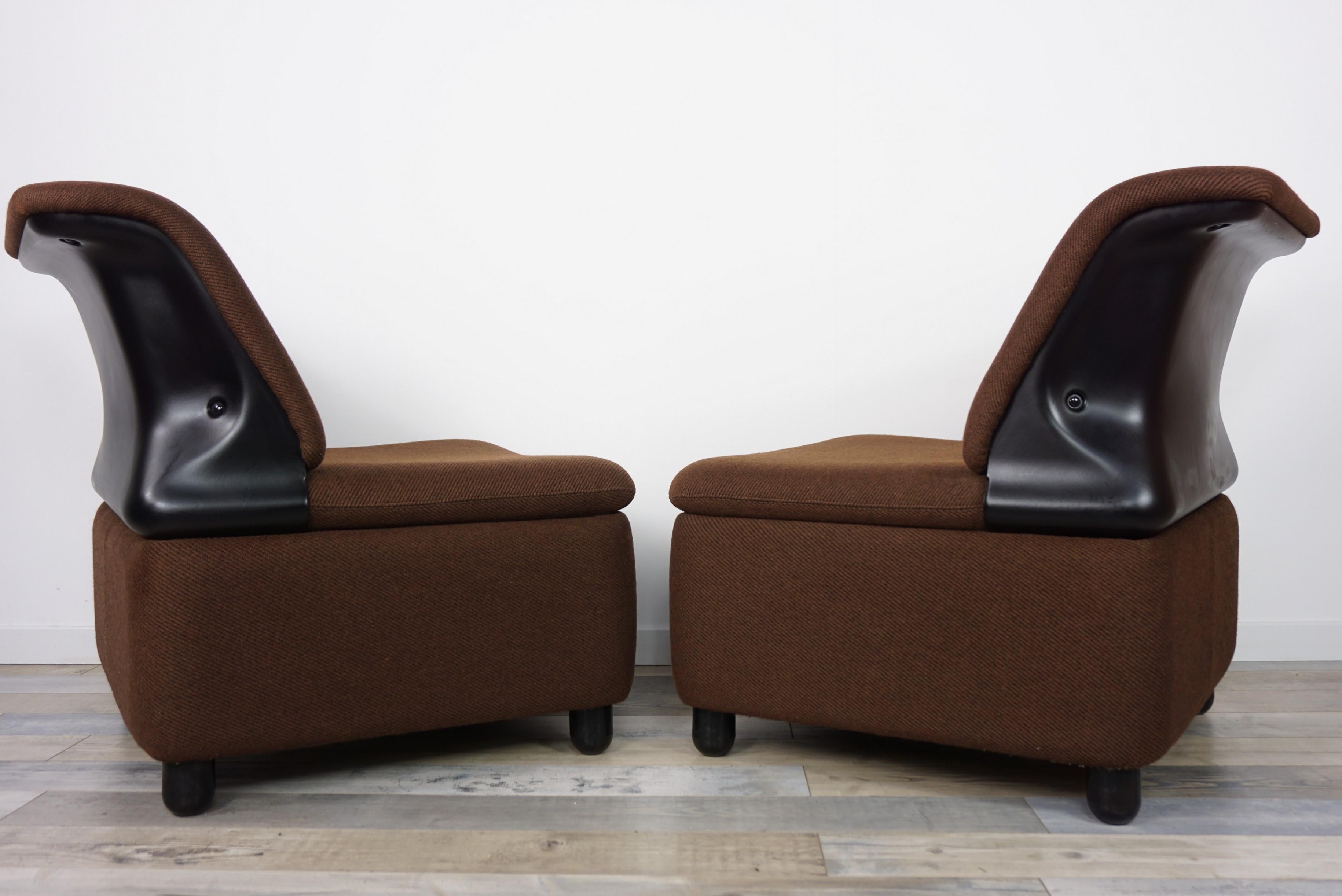 Pair of Dark Brown Fabric Lounge Armchairs For Sale 6
