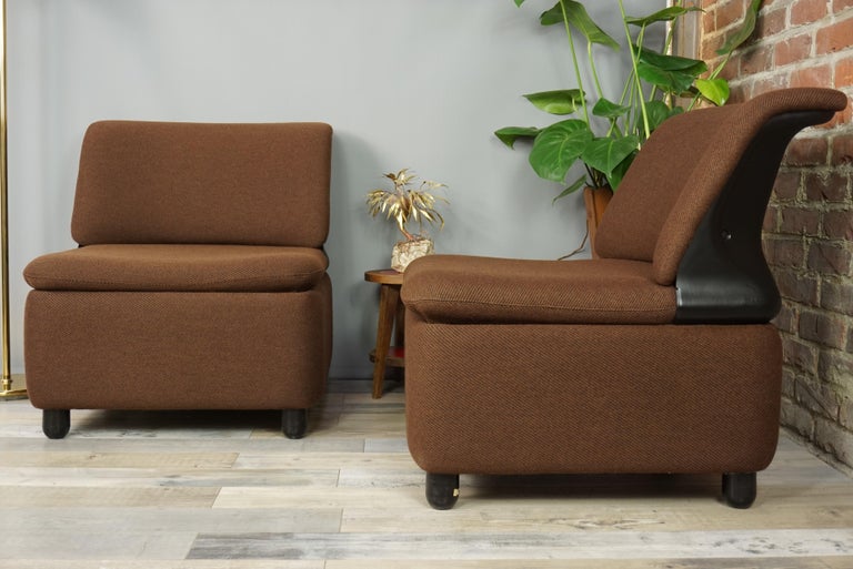 Pair of Dark Brown Fabric Lounge Armchairs For Sale 11